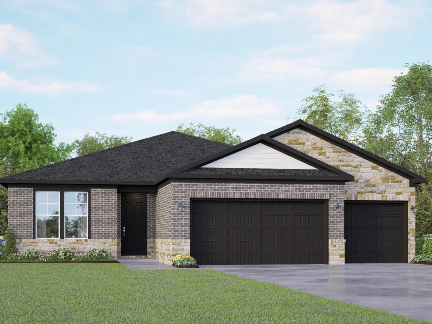 Modern brick and stone single-story home with 2-car garage, landscaped yard, and trees in The Reserve at Potranco Oaks, Castroville, Texas - Davidson Homes Lanier G