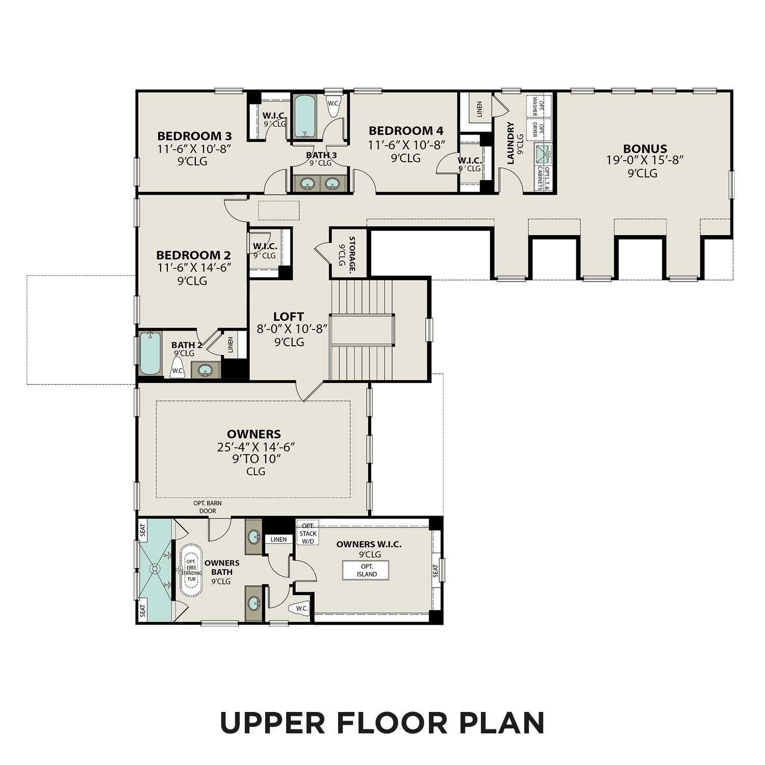 Upper floor plan of The Alston A: owner's suite, bedrooms 3-4, bonus room, baths, closets in Davidson Homes, Murfreesboro, TN