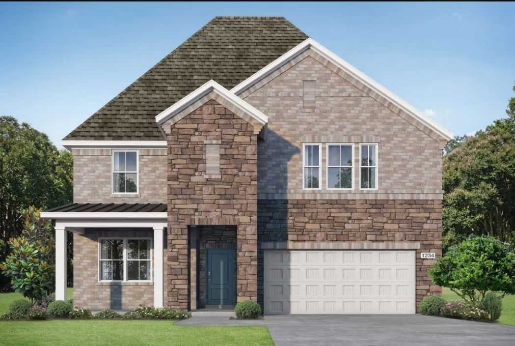 Modern 1-story brick home with stone accents, covered porch, 2-car garage in Mercer Meadows, Royse City, Texas - Davidson Homes Sequoia O