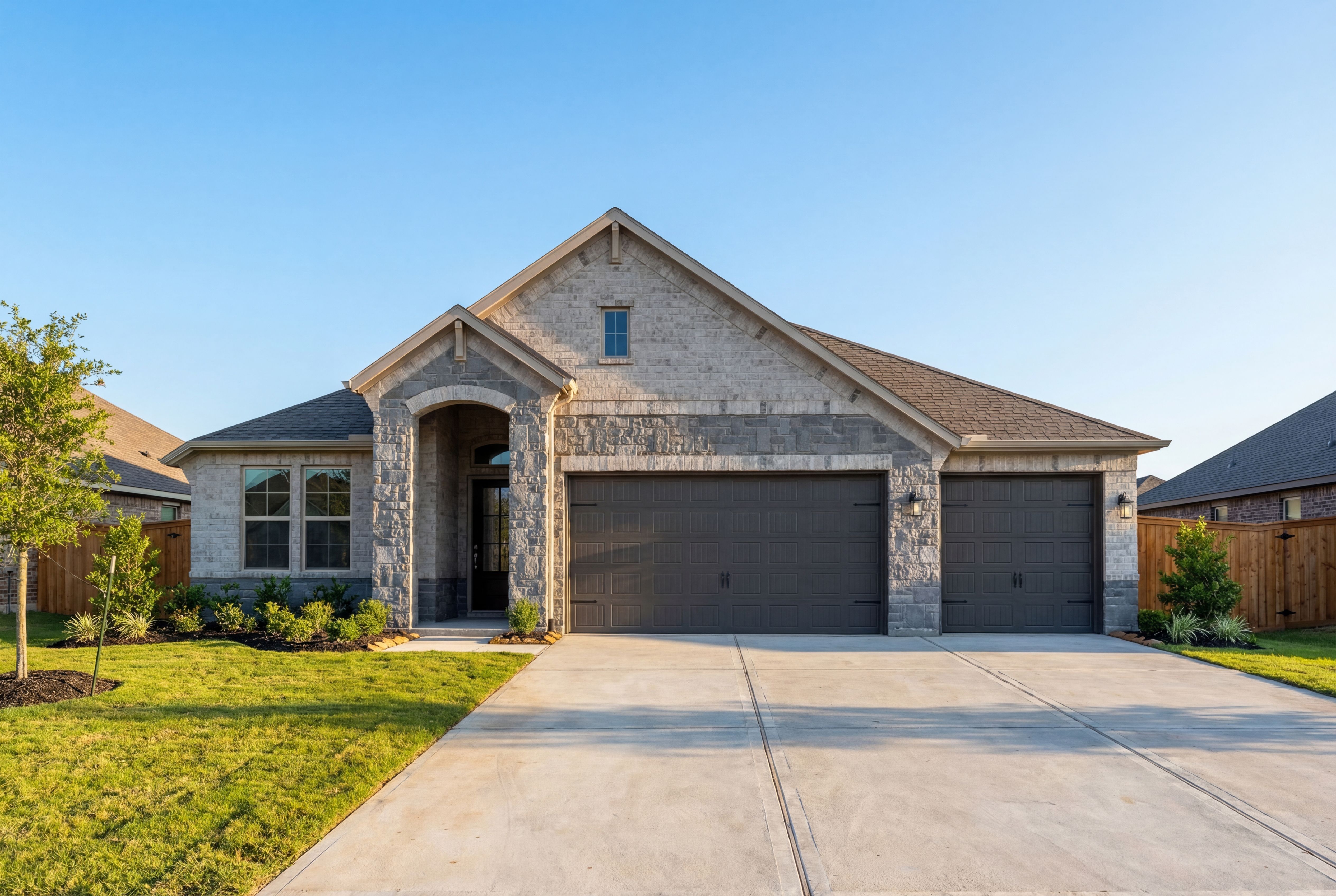 Modern stone and brick facade of The Elizabeth B 1-story home featuring 3-car garage and arched entry in Rosharon, Texas