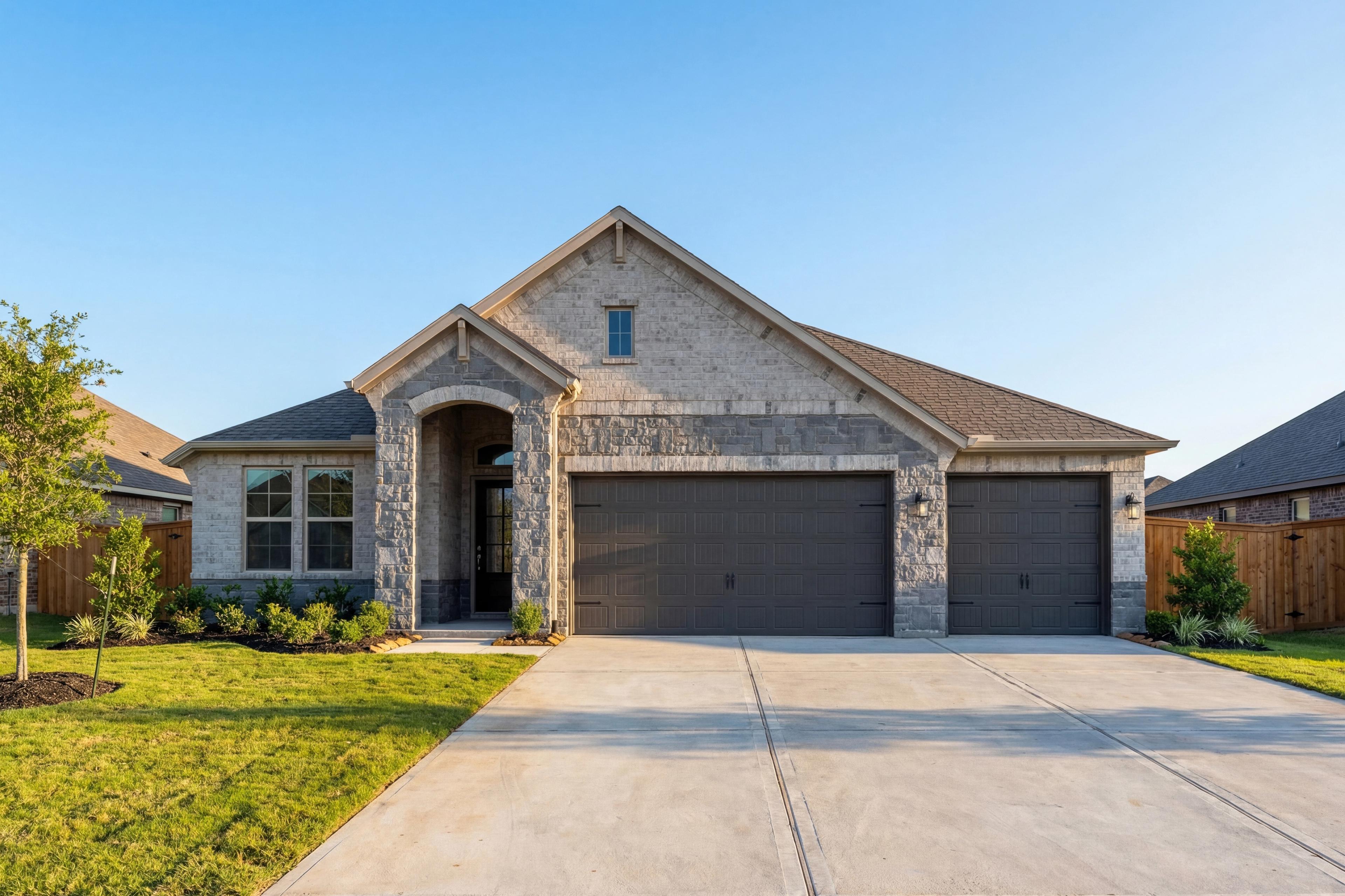 Modern stone and brick facade of The Elizabeth B 1-story home featuring 3-car garage and arched entry in Rosharon, Texas