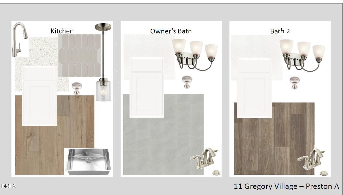 Design board with kitchen faucet and sink, owner's bath chandelier, Bath 2 sconce, wood and gray flooring samples for 4-bed Preston A home in Gregory Village, Lillington NC