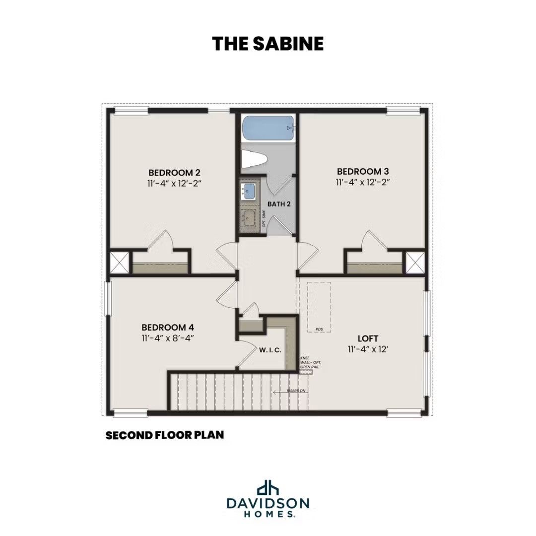 Second floor layout of The Sabine H by Davidson Homes featuring three bedrooms, a full bath, and a spacious loft area.