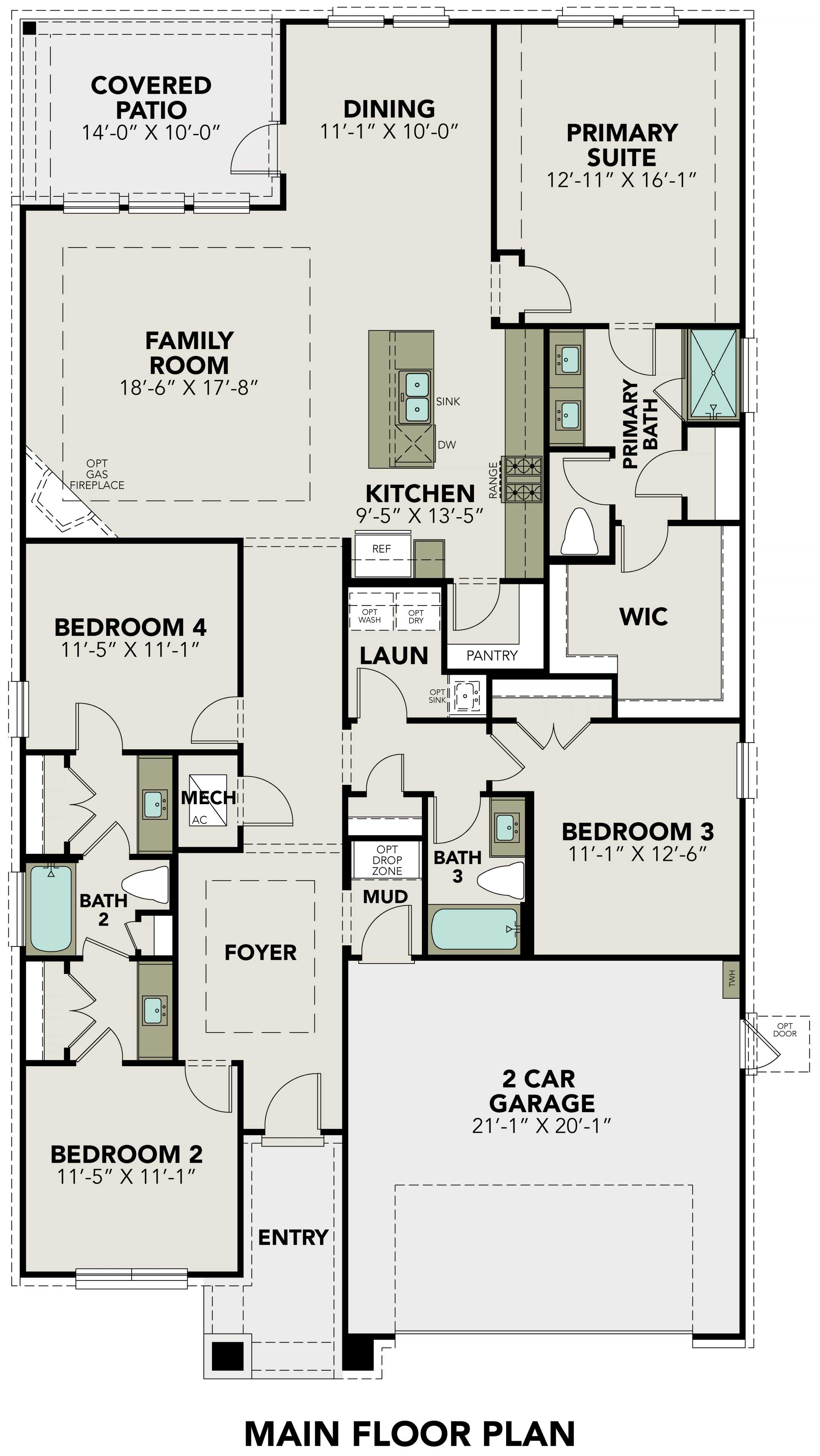 The Acadia B 4-bedroom single-story floor plan featuring open kitchen, family room, primary suite, and 3-car garage