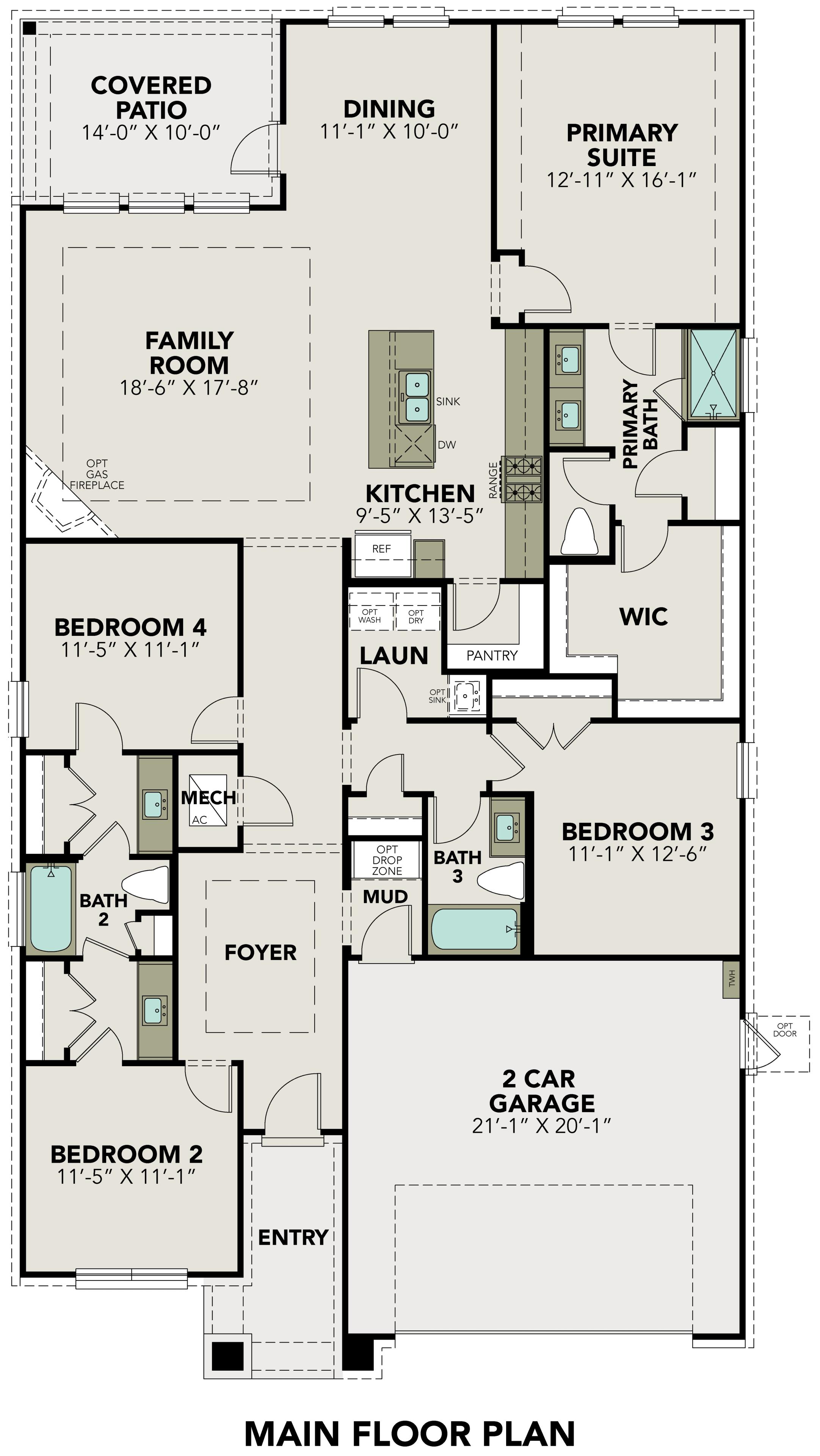 The Acadia B 4-bedroom single-story floor plan featuring open kitchen, family room, primary suite, and 3-car garage