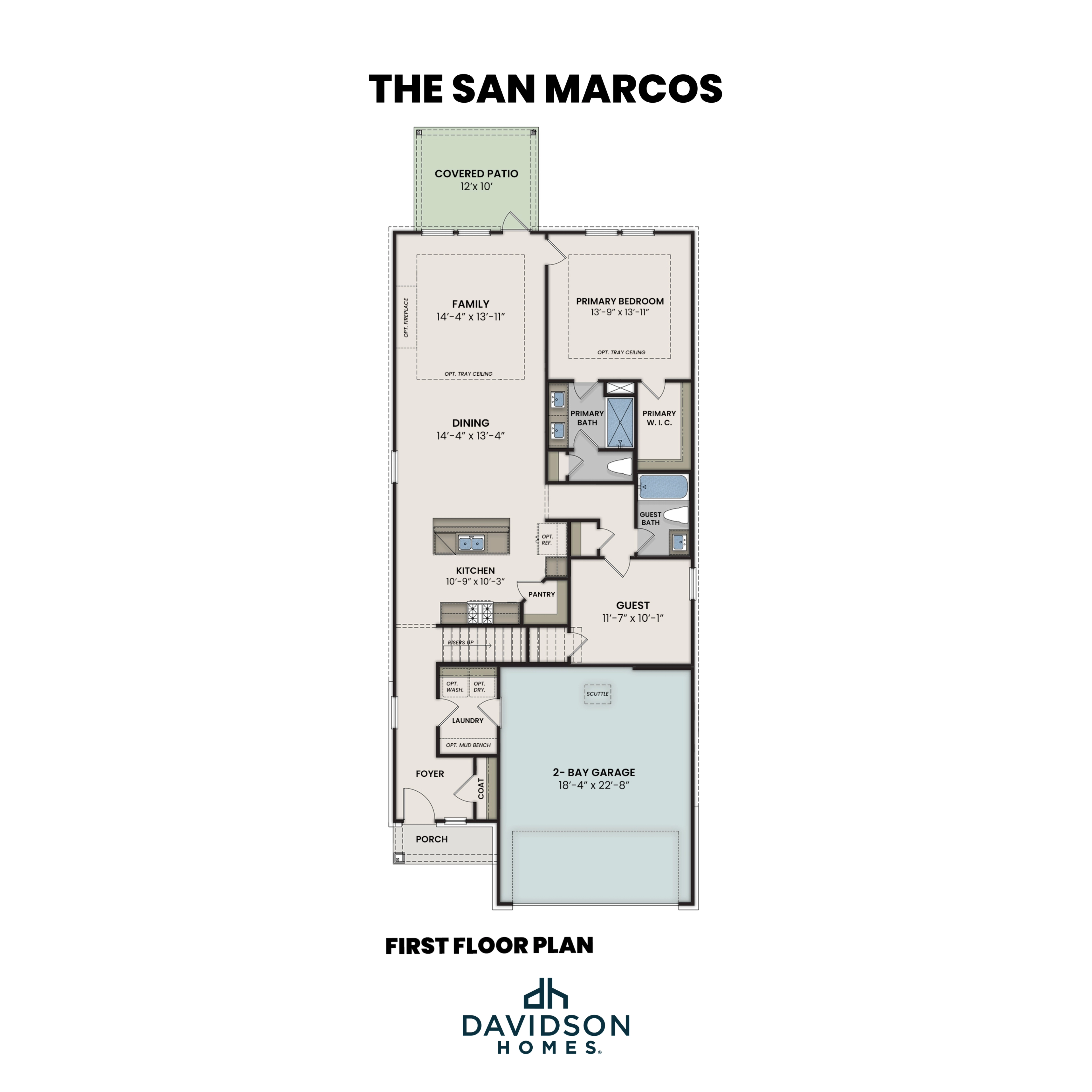 First floor plan of The San Marcosos by Davidson Homes, featuring primary suite, open kitchen, family room, dining, utility, and 2-bay garage