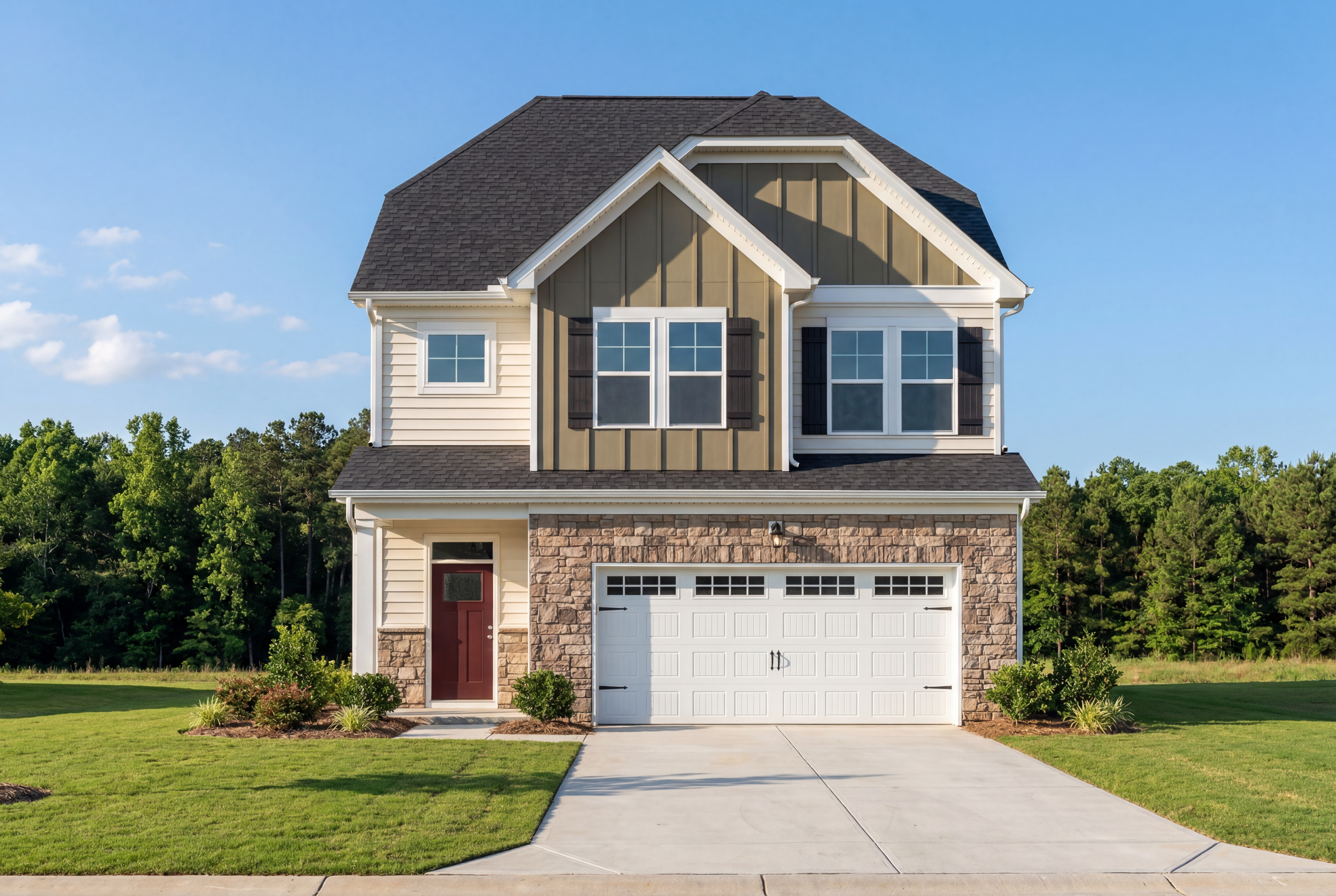 2-story Grace C home elevation by Davidson Homes: beige siding, stone garage, red door, surrounded by lush greenery in Lillington NC