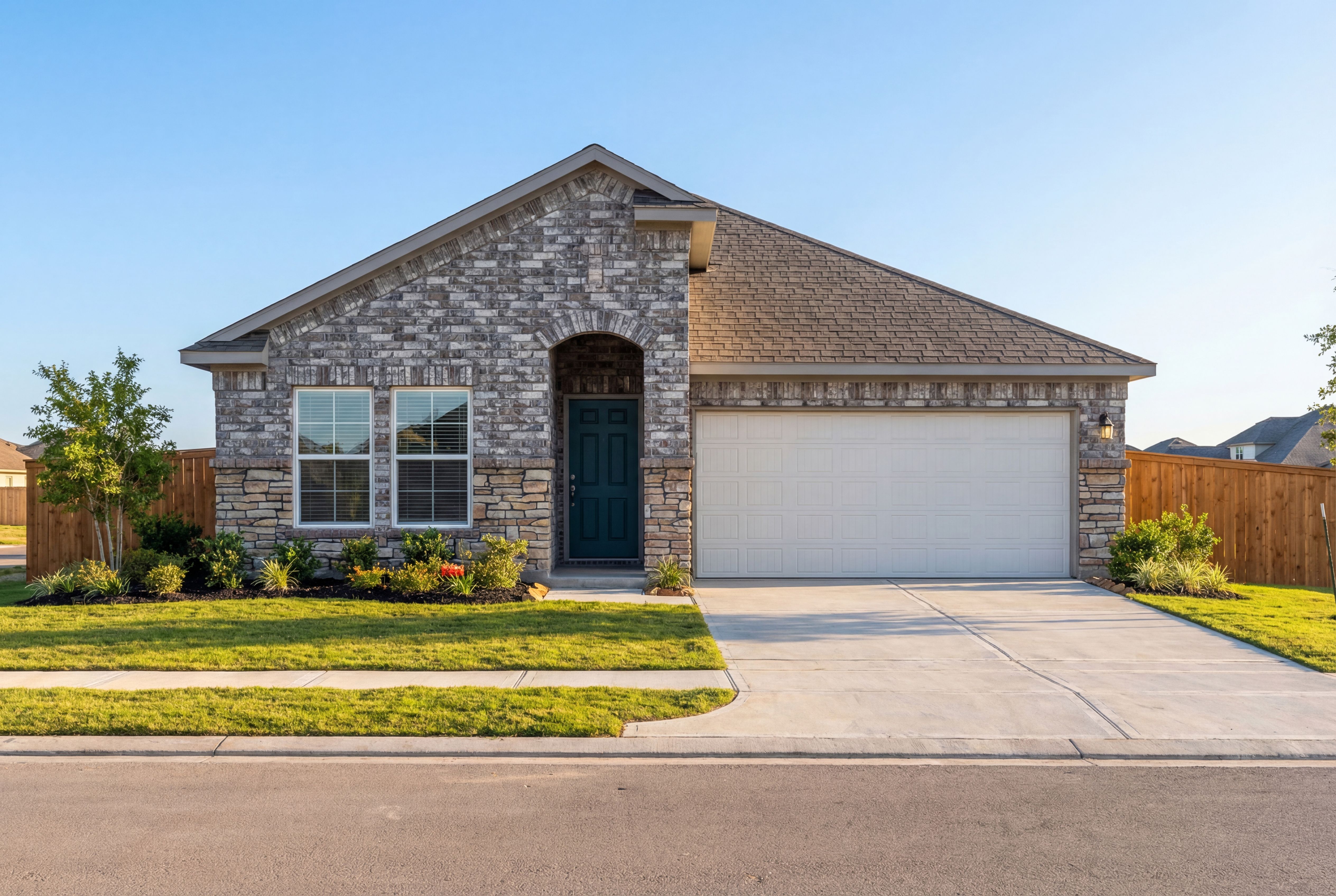 Modern single-story The Laguna B home elevation with brick and stone facade, teal door, two-car garage, and landscaped yard in Beasley, Texas