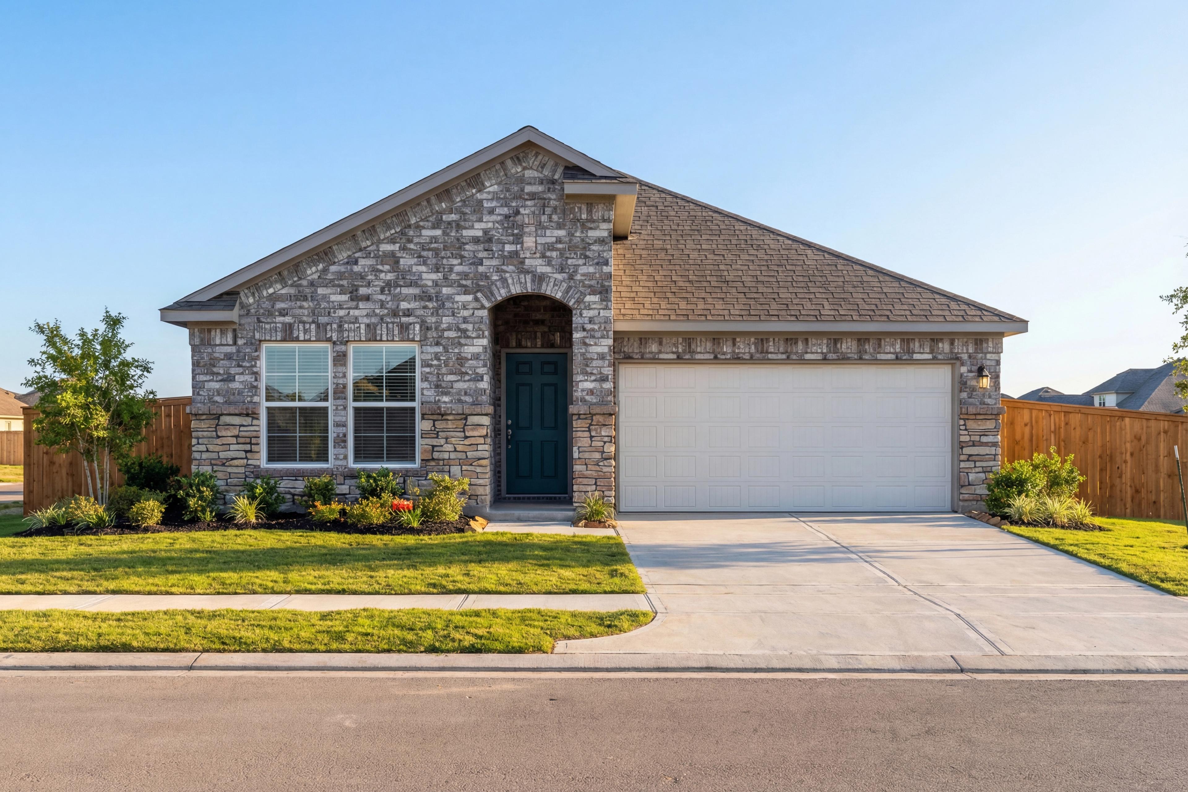 Modern single-story The Laguna B home elevation with brick and stone facade, teal door, two-car garage, and landscaped yard in Beasley, Texas