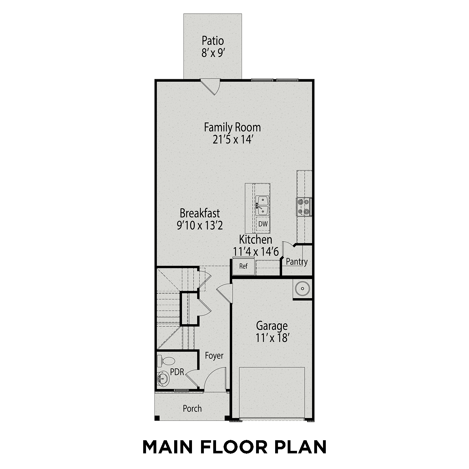 Main floor plan of The Warren by Davidson Homes: open family room, kitchen with pantry, breakfast nook, and 1-car garage in Lillington NC
