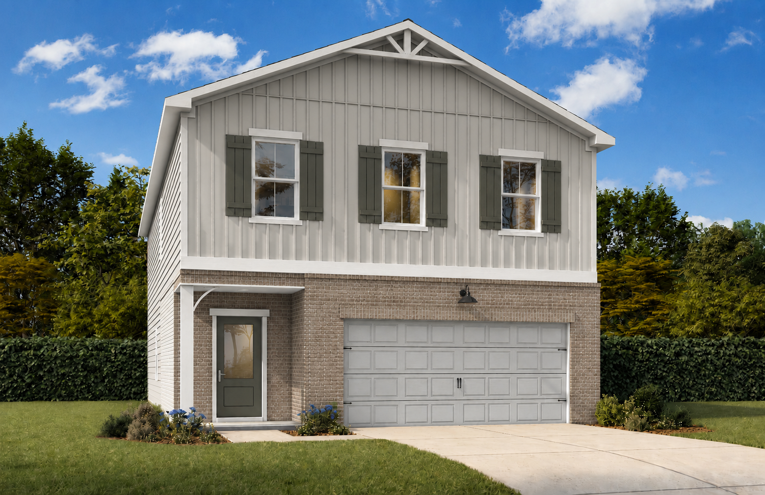 Craftsman style exterior of The Burton C featuring a 2-story design with brick accents and a 2-car garage.