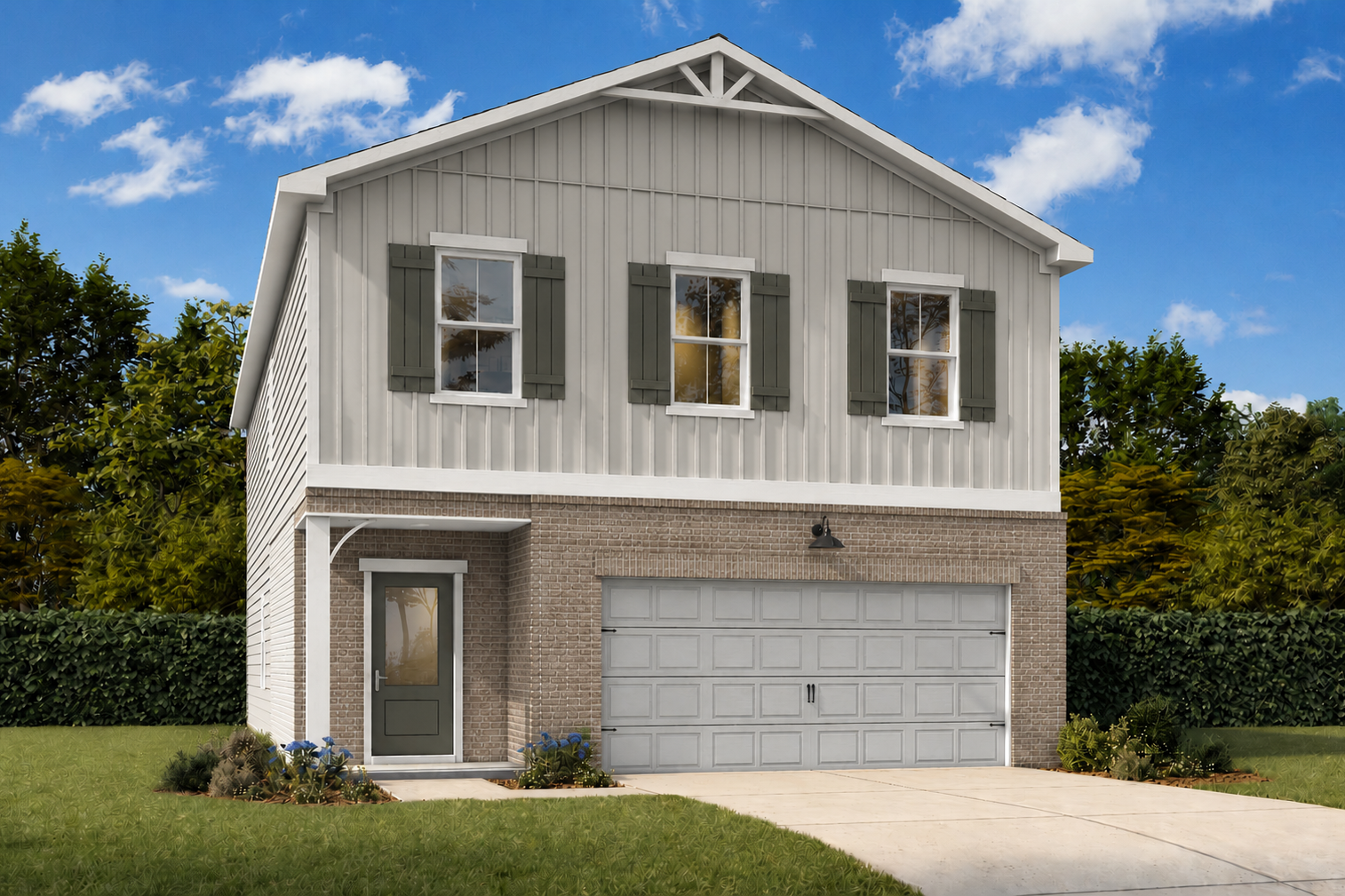 Craftsman style exterior of The Burton C featuring a 2-story design with brick accents and a 2-car garage.