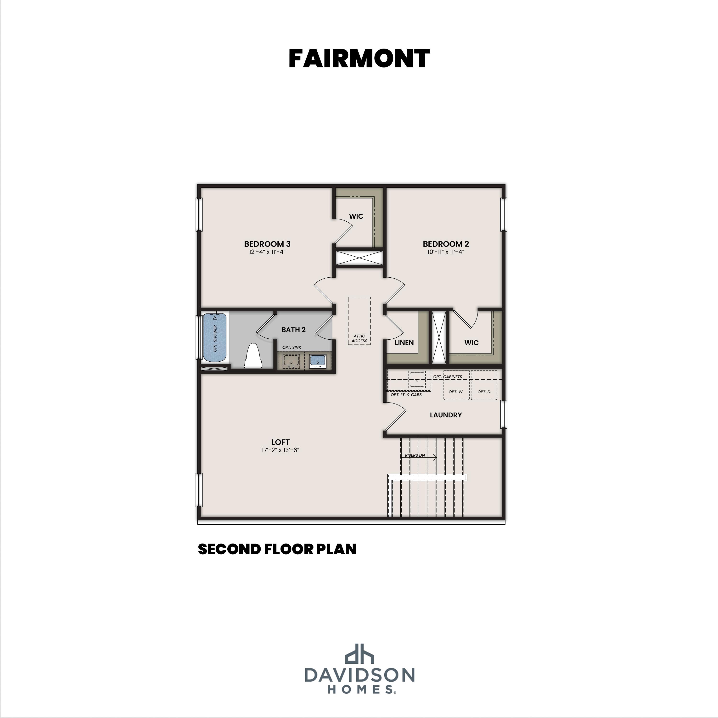 Second-floor floor plan of The Fairmont by Davidson Homes featuring a spacious loft, two bedrooms, and laundry room.