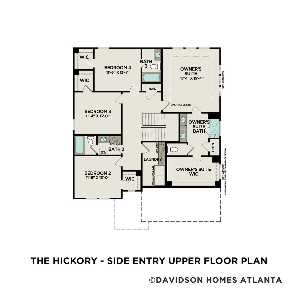 2 - The Hickory C – Side Entry floor plan layout for 105 Leveret Road in Davidson Homes' Everleigh community.