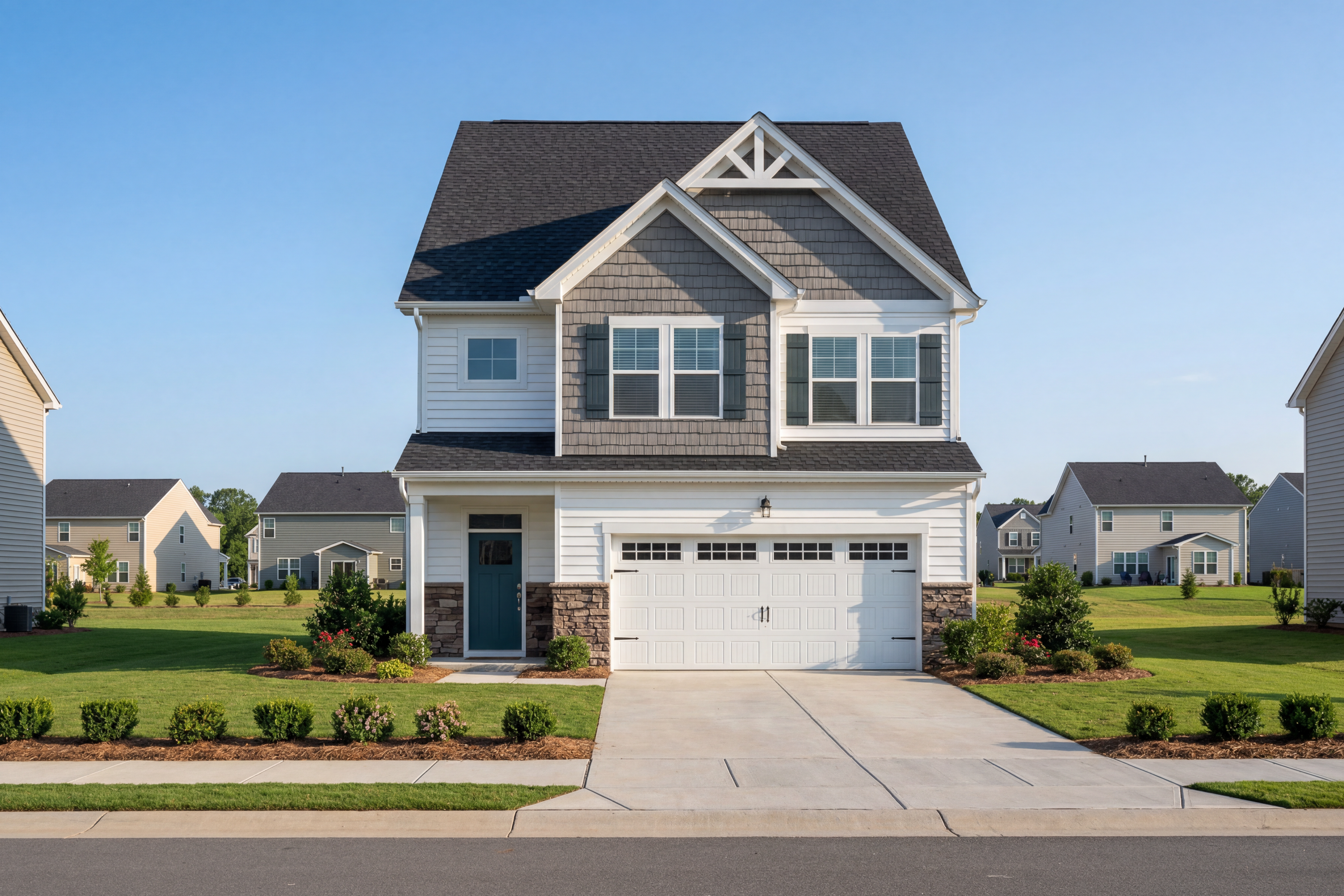 Modern two-story The Grace B home exterior with gray shaker siding, white trim, two-car garage, and landscaped front yard in Lillington NC