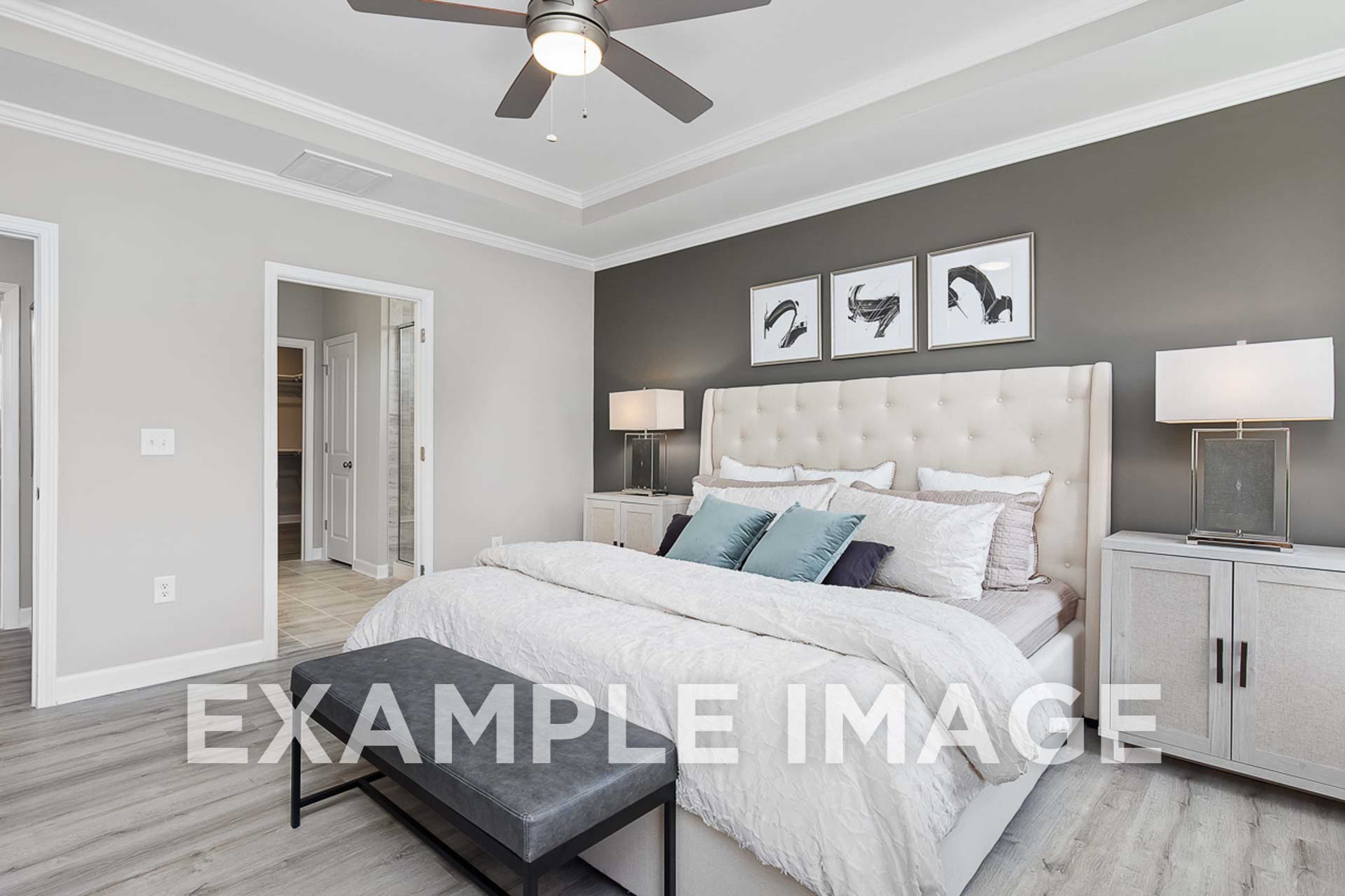Spacious master bedroom in The Ash D with king bed, neutral walls, ceiling fan, and plush bedding