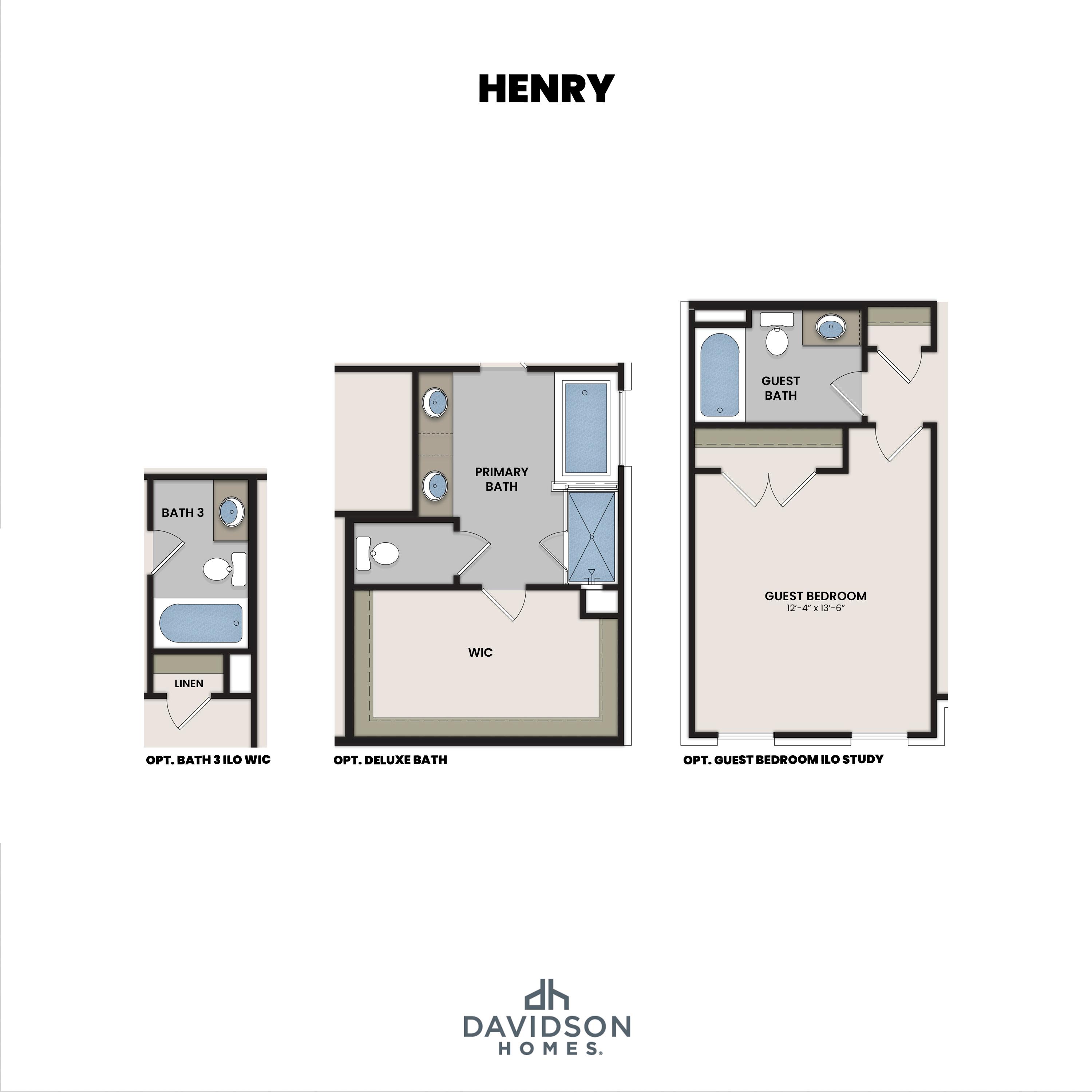 Optional layouts for The Henry by Davidson Homes featuring deluxe primary bath, walk-in closet, and guest bedroom floor plan options