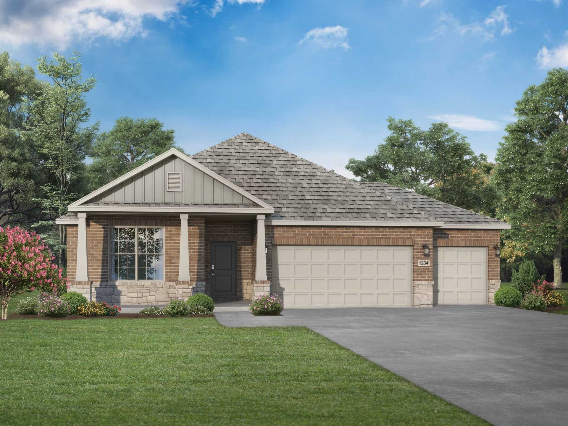 Single-story brick home with 3-car garage, covered porch, and lush landscaping in Waverly Estates, Josephine, Texas by Davidson Homes