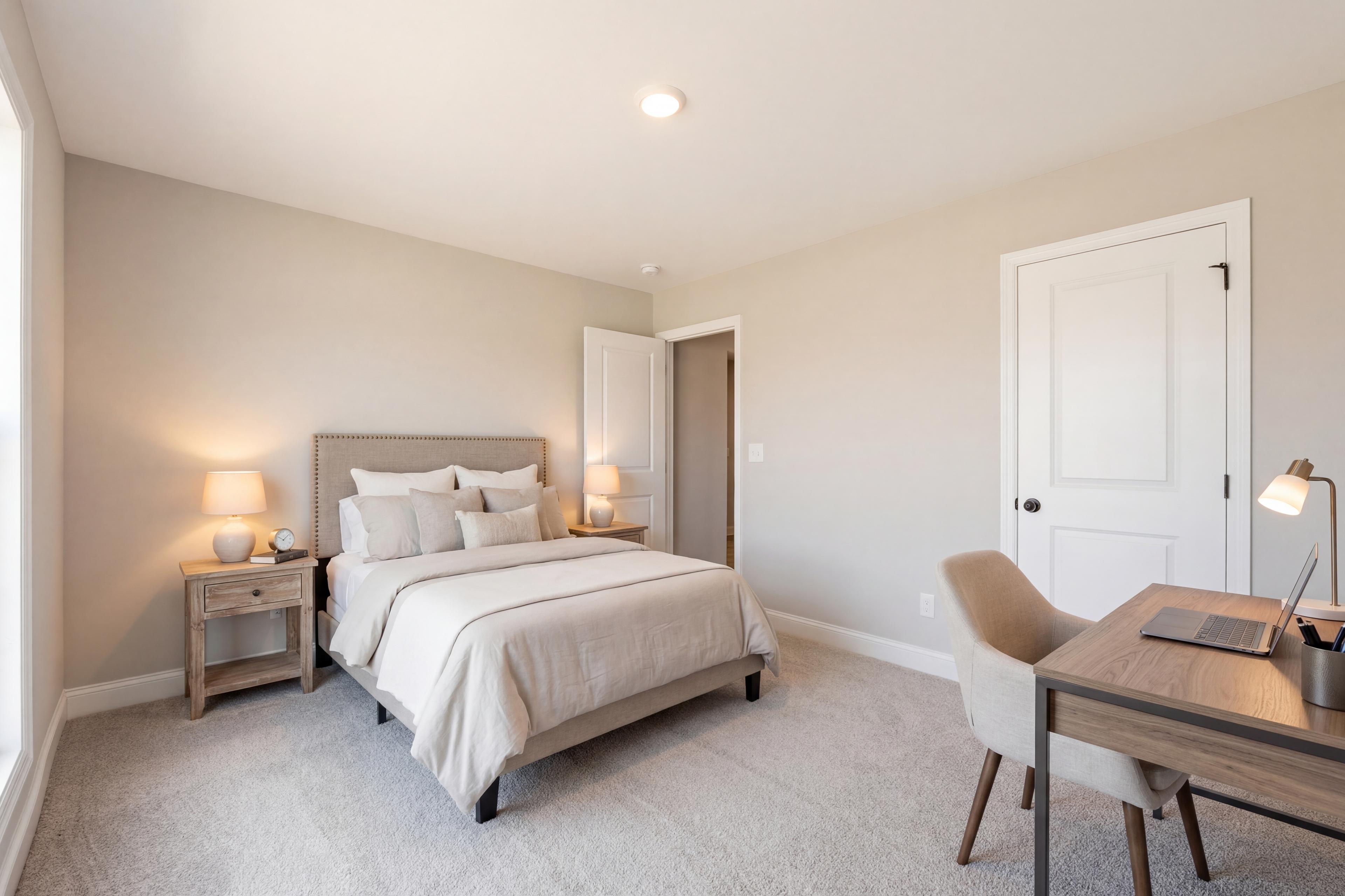 Spacious bedroom with tufted headboard bed, nightstands, desk and chair in neutral tones at Chapel Hill Athens AL