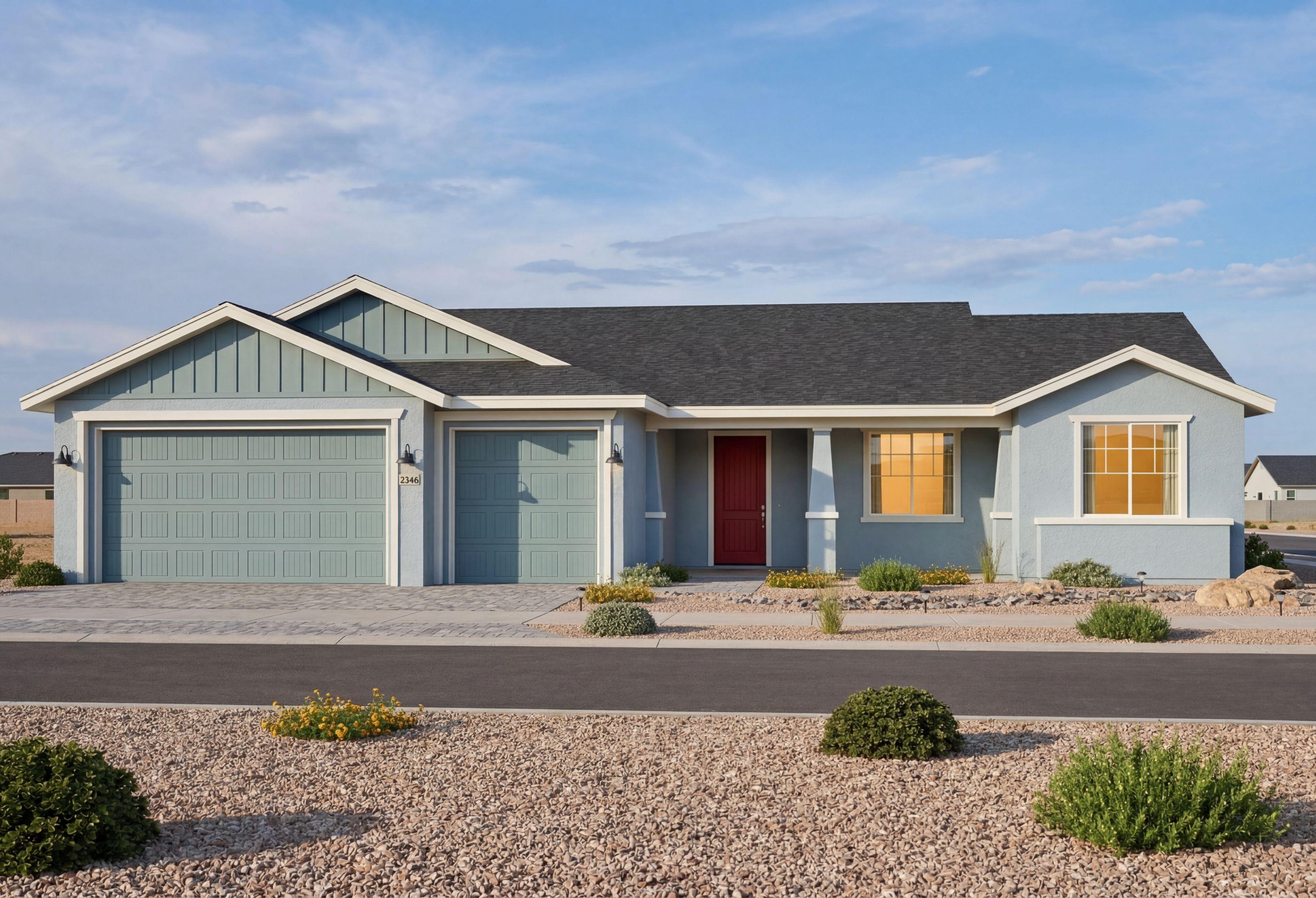 The Monarch single-story home in Prescott Valley, AZ featuring a 3-car garage and vibrant red front door.