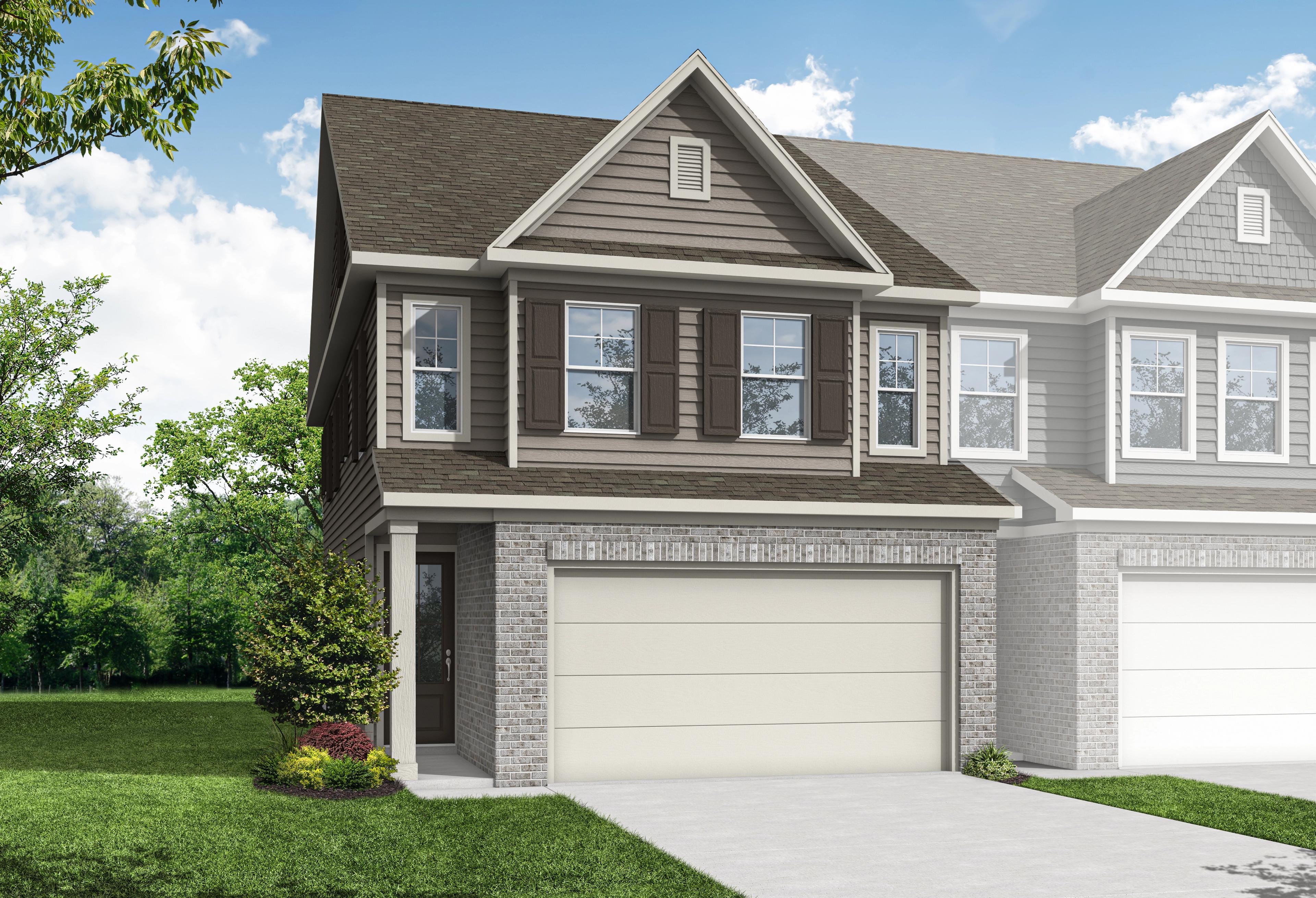 The Wake two-story multi-family home elevation by Davidson Homes in Cumming GA featuring dual two-car garages, brick base, and shake siding