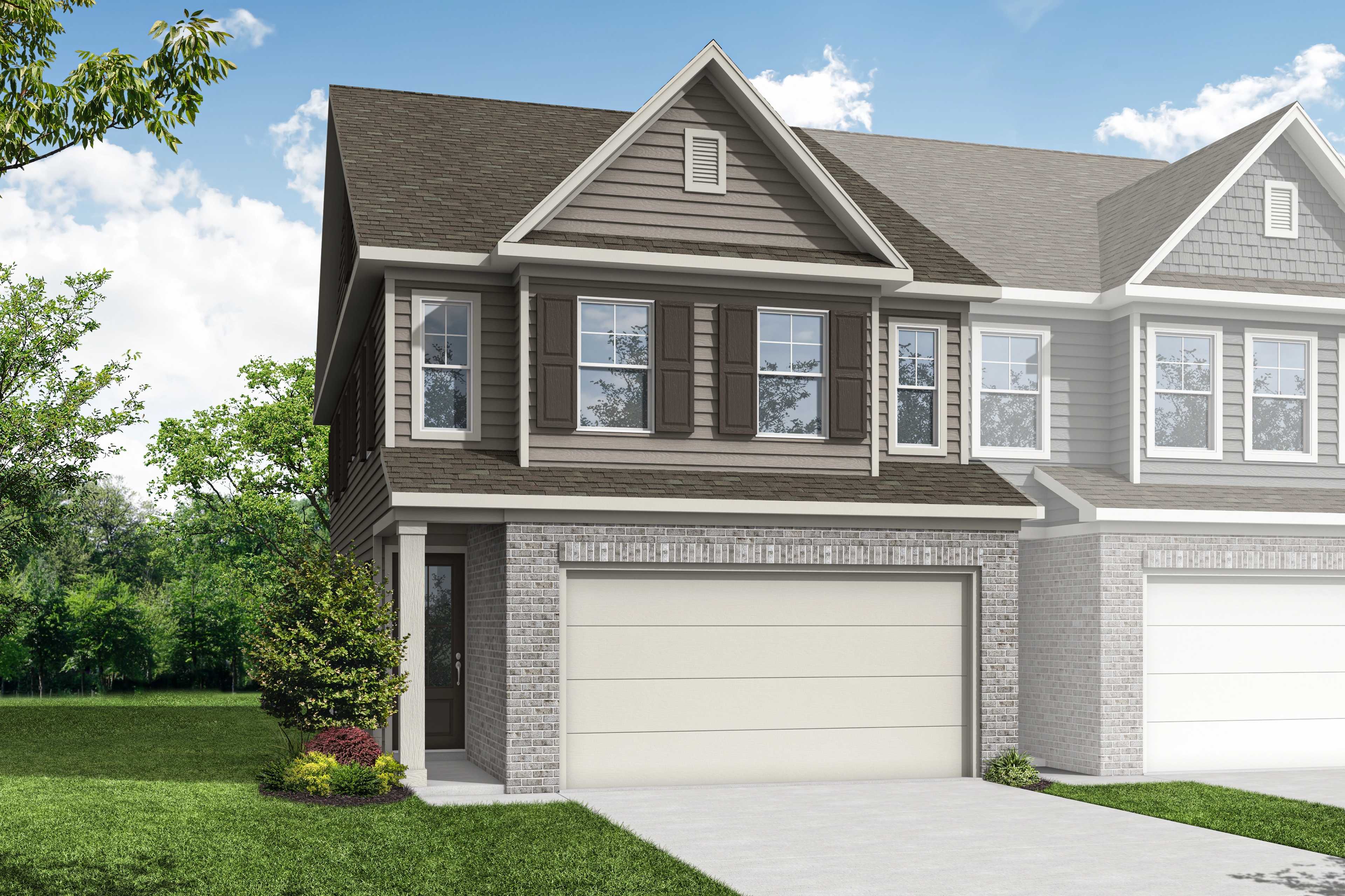 The Wake two-story multi-family home elevation by Davidson Homes in Cumming GA featuring dual two-car garages, brick base, and shake siding