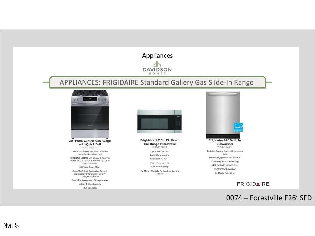 Frigidaire stainless appliances: 30" front-control gas range, 1.7 cu ft microwave, built-in dishwasher in Davidson Homes The Burke, Knightdale, NC