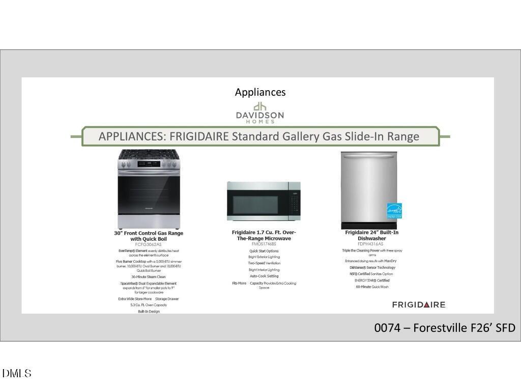 Frigidaire stainless appliances: 30" front-control gas range, 1.7 cu ft microwave, built-in dishwasher in Davidson Homes The Burke, Knightdale, NC