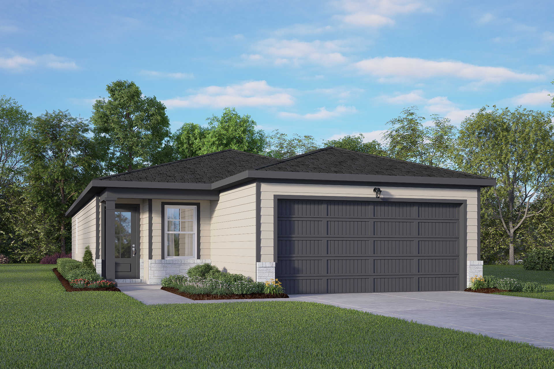 Single-story elevation of The Colorado 4-bedroom home with beige siding, dark roof, 2-car garage, and landscaped yard in San Antonio