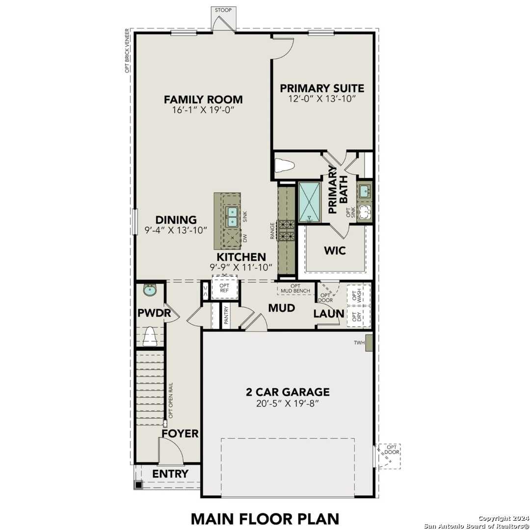 The Blanco C main floor plan by Davidson Homes: family room, primary suite, kitchen, dining, 2-car garage in San Antonio, Texas