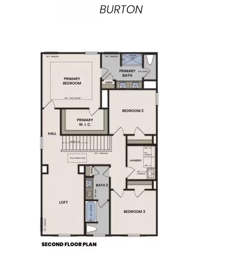 Second floor plan of Davidson Homes The Burton C: primary suite, 3 bedrooms, loft, laundry in Links Crossing, Auburn, AL