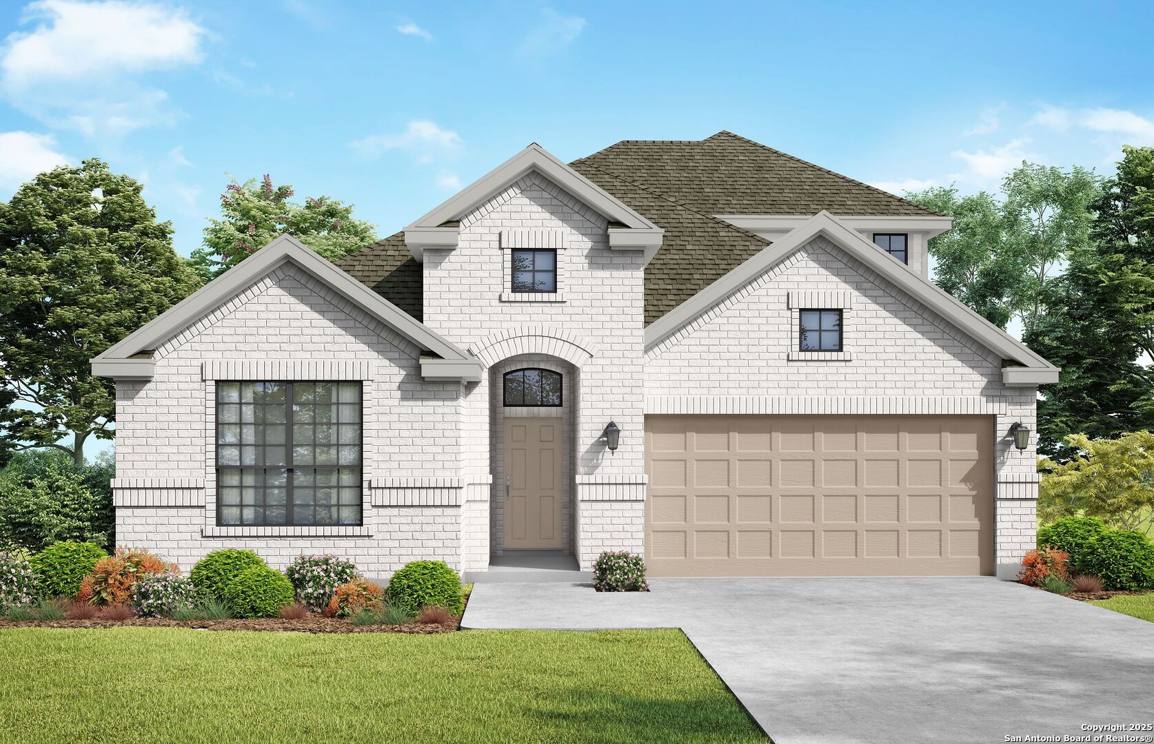 Modern 1-story brick home with arched entry, 2-car garage, driveway, and lush landscaping in Hannah Heights, Seguin, Texas