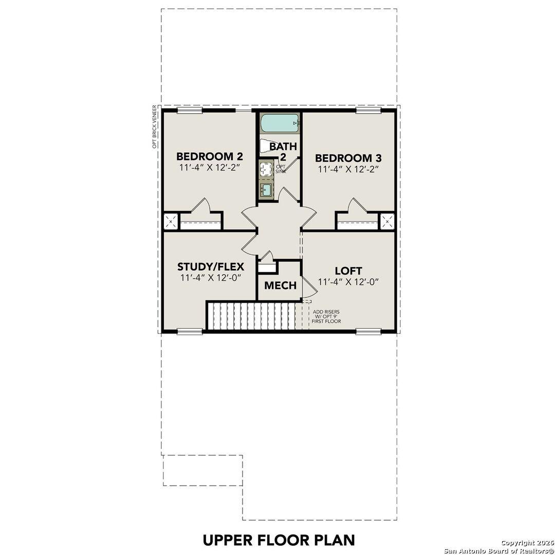 Upper floor plan of The Sabine A with two bedrooms, loft, study/flex, baths in 4-bedroom Davidson Homes, San Antonio, Texas