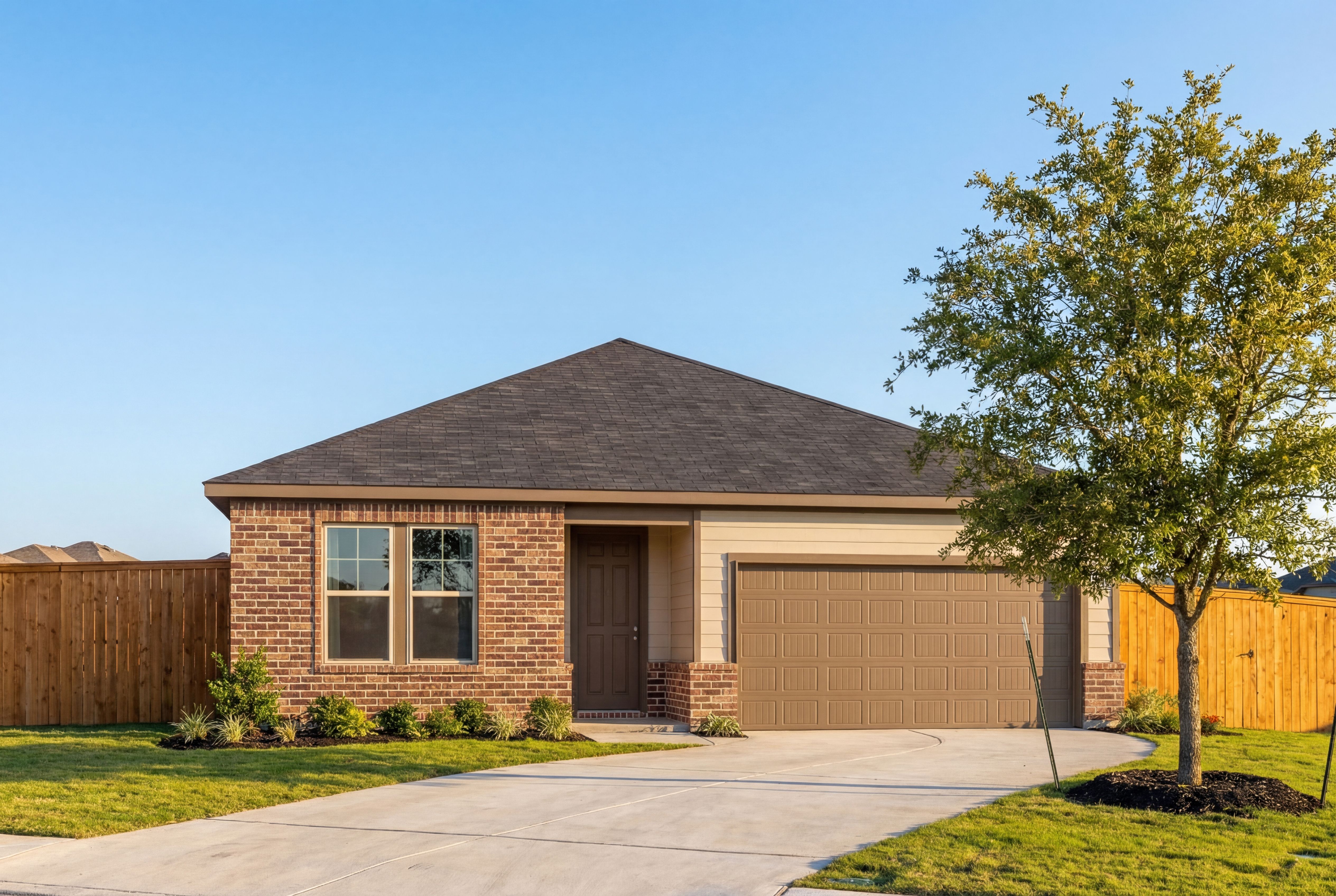 Modern single-story Daphne F home exterior by Davidson Homes: brick facade, tan 2-car garage, driveway, oak tree, and fenced yard in San Antonio
