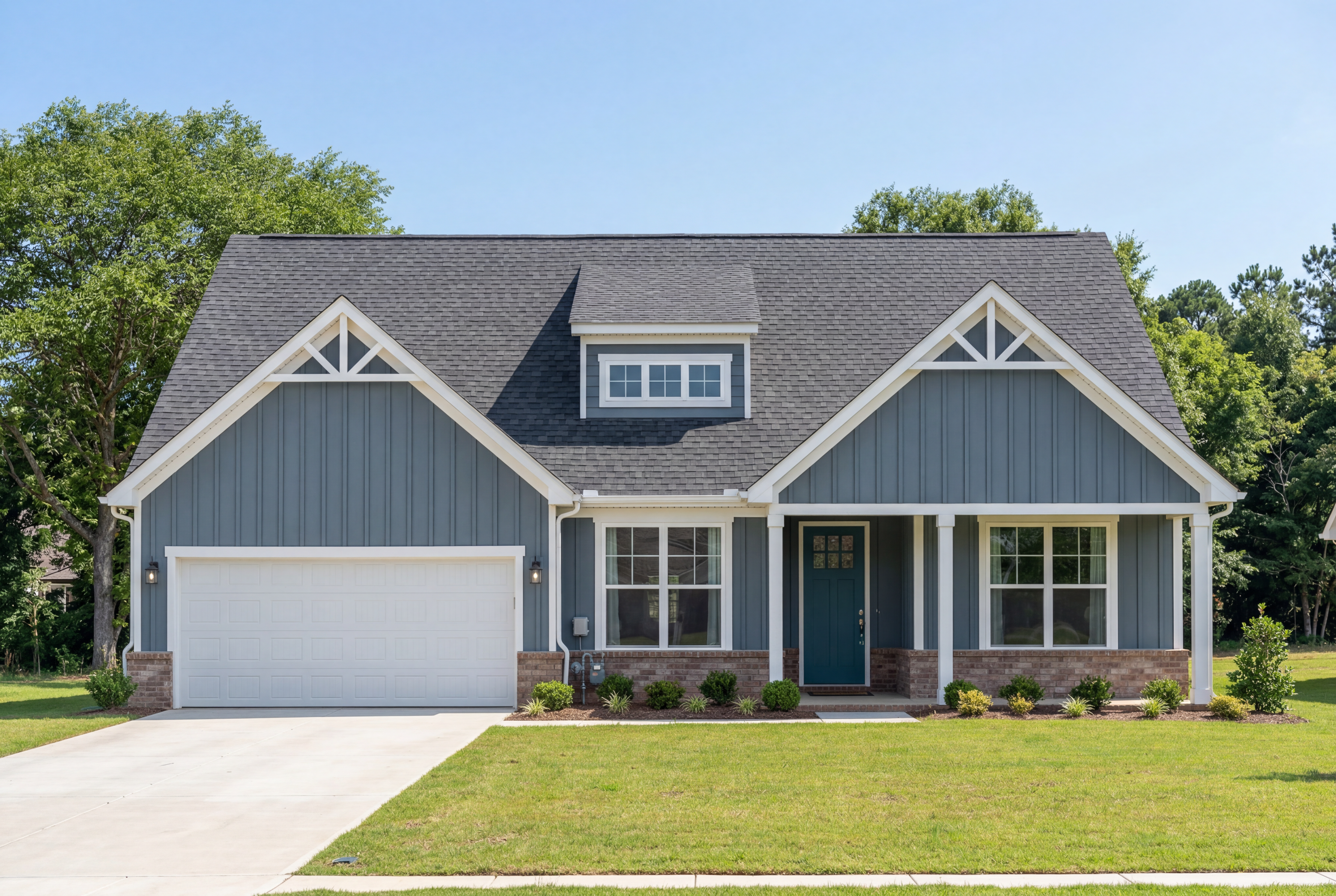 Blue vertical siding exterior elevation of The Harrison D single-family home with a 2-car garage in Cullman, Alabama.