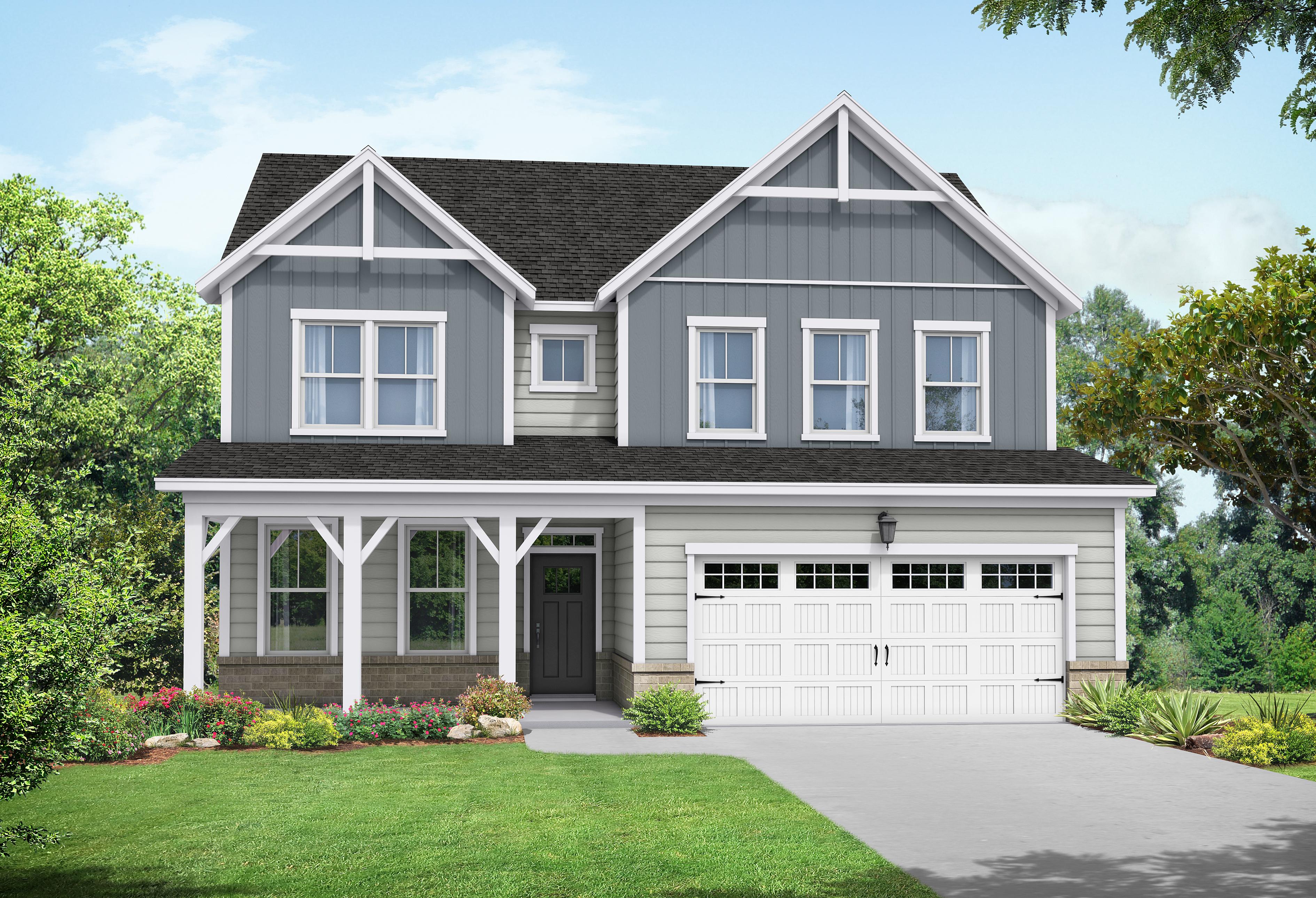 Modern farmhouse elevation of The Willow B two-story home featuring gray siding, gabled roof, covered porch, and two-car garage