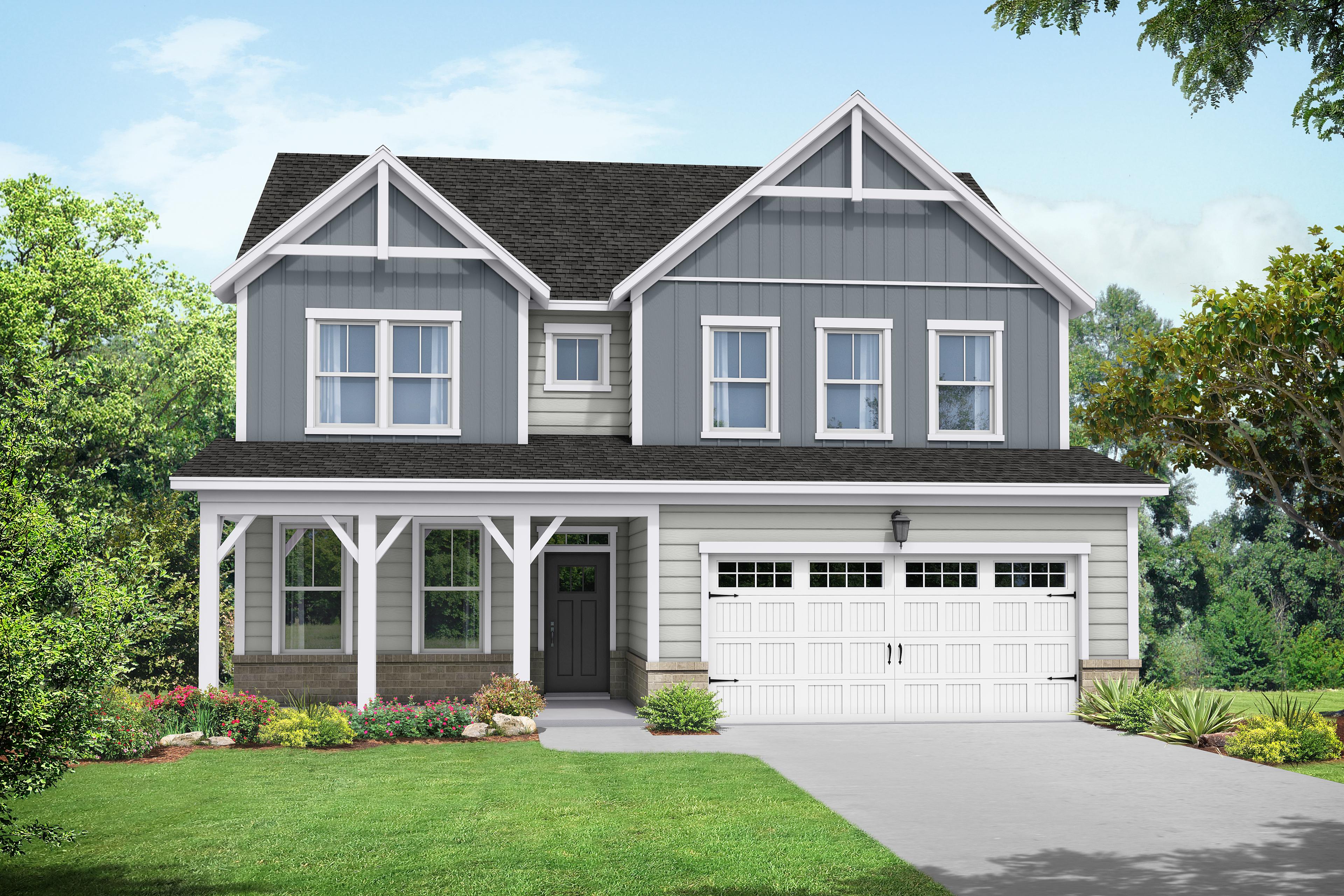 Modern farmhouse elevation of The Willow B two-story home featuring gray siding, gabled roof, covered porch, and two-car garage