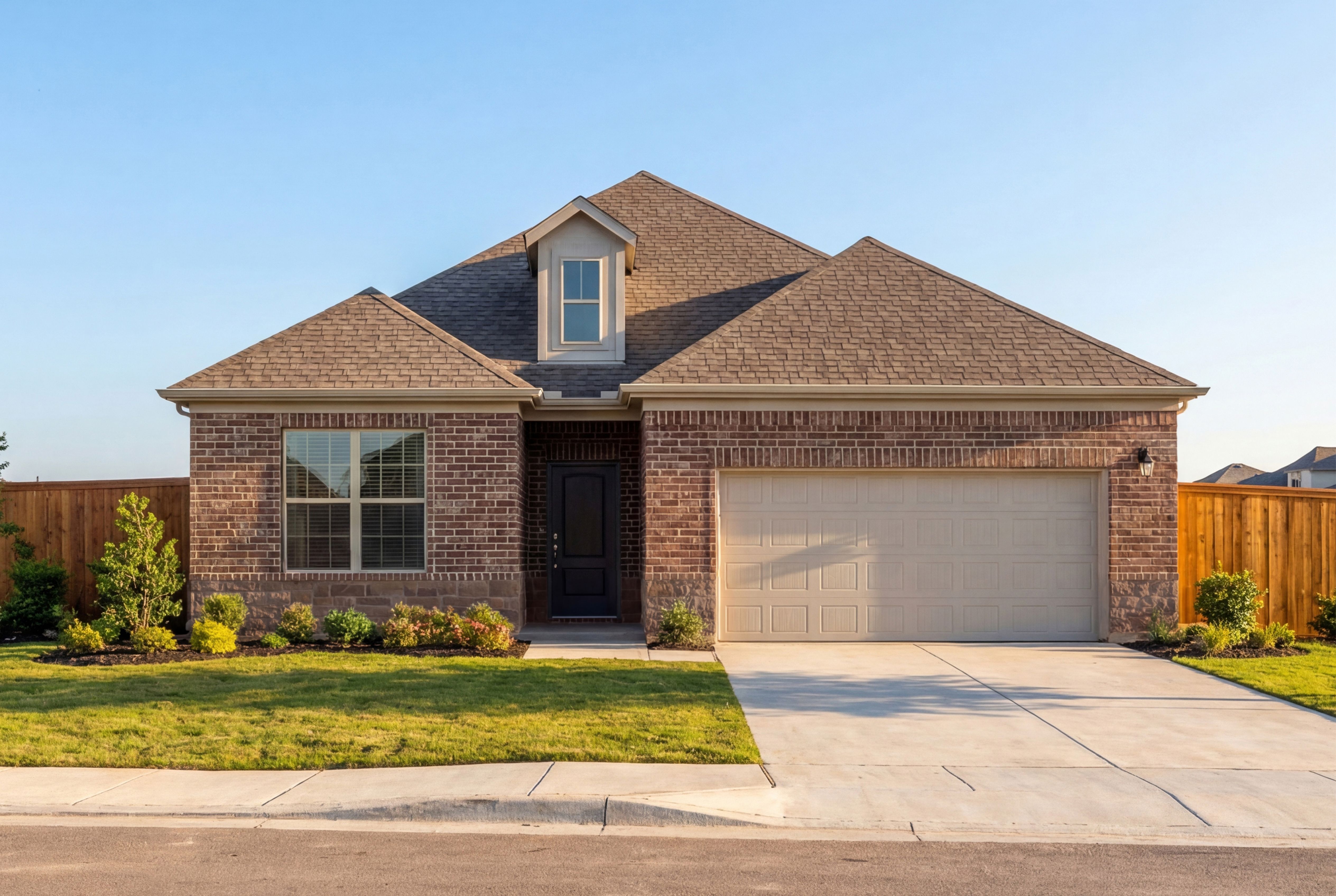 Front elevation of The Holly O single-story home with brick exterior, attached garage, and landscaped yard in Royse City