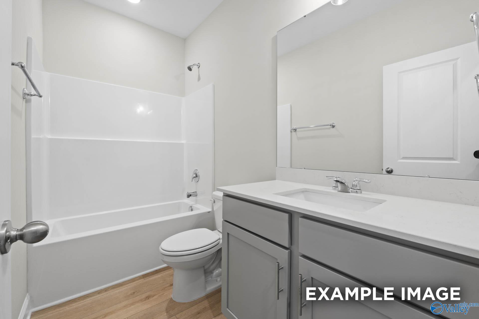 Bright bathroom with tub-shower combo, single vanity, and toilet in Davidson Homes The Franklin V, Chapel Hill, Athens, Alabama