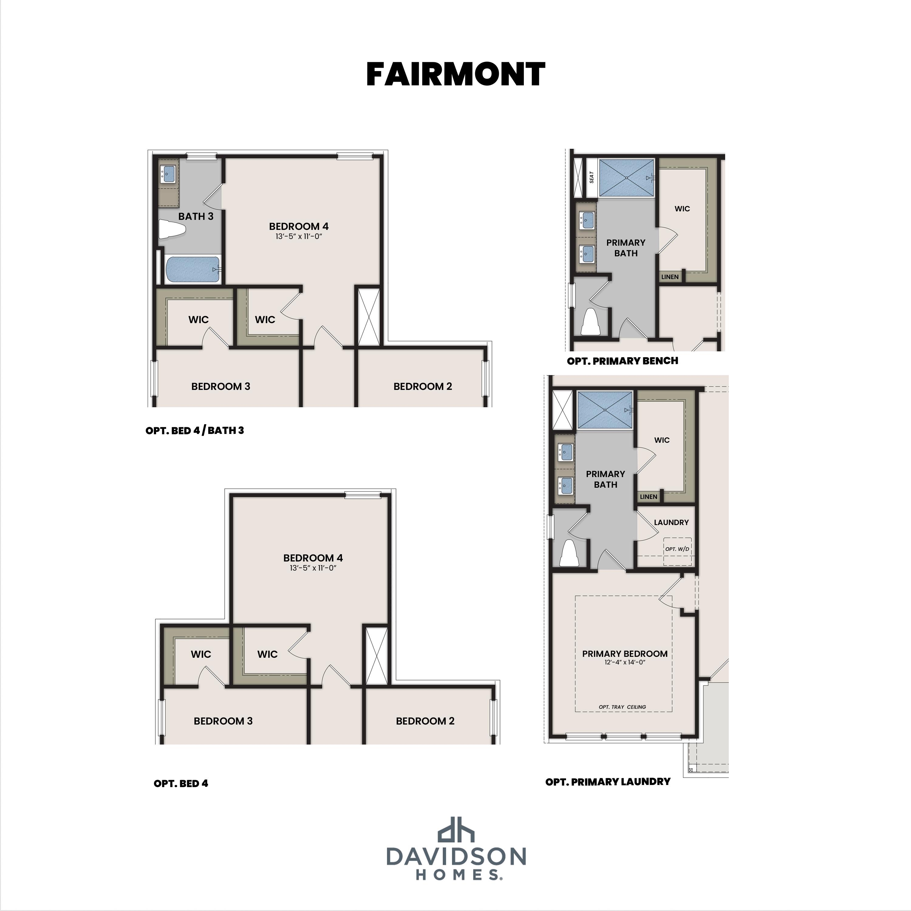 Floor plan options for The Fairmont by Davidson Homes showcasing secondary bedrooms, primary suite, and laundry layout.