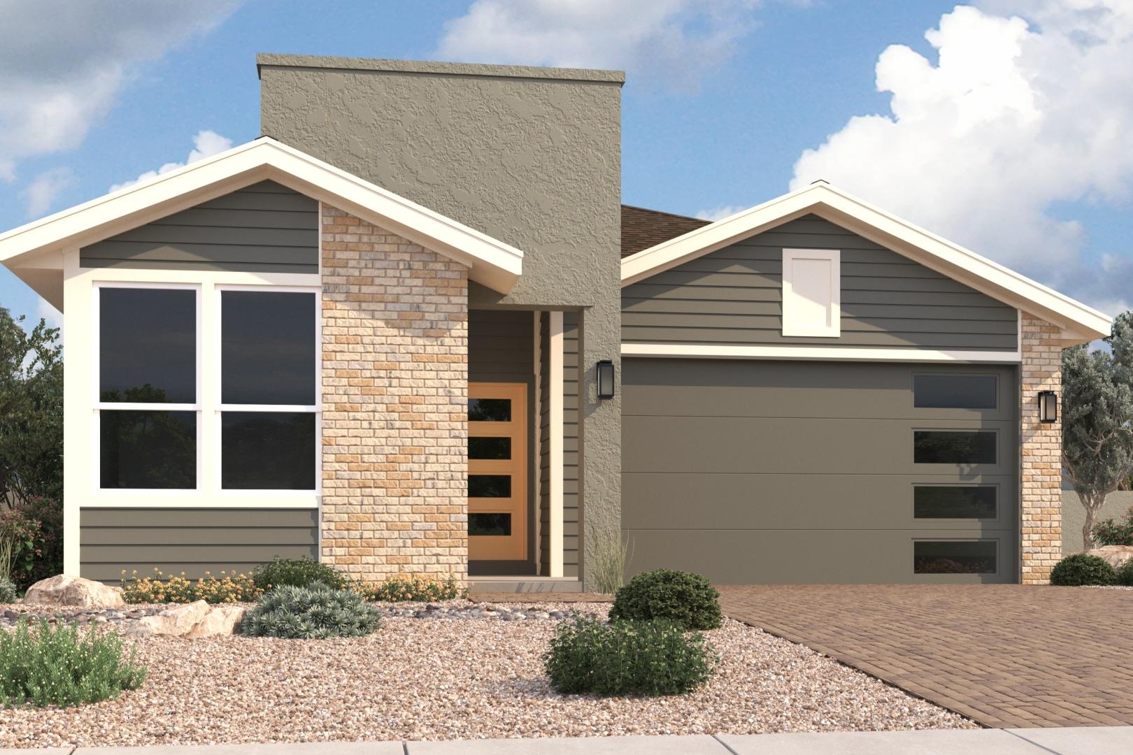 Modern single-story elevation of The Newport C with brick and siding exterior, large windows, 2-car garage, desert landscaping in Prescott Arizona