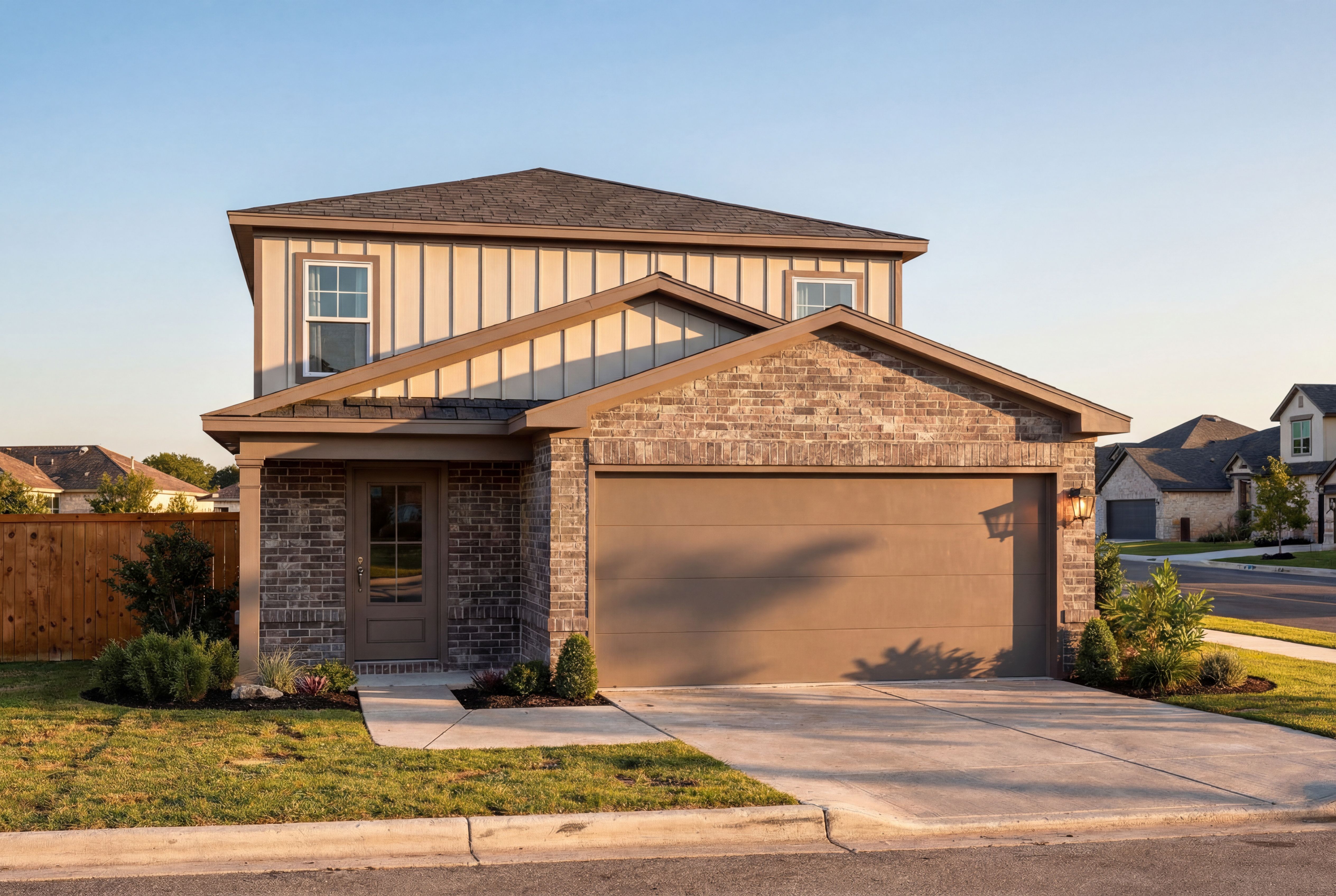 Two-story The Sabine D home elevation with brick lower facade, siding accents, 2-car garage, and covered porch in San Antonio