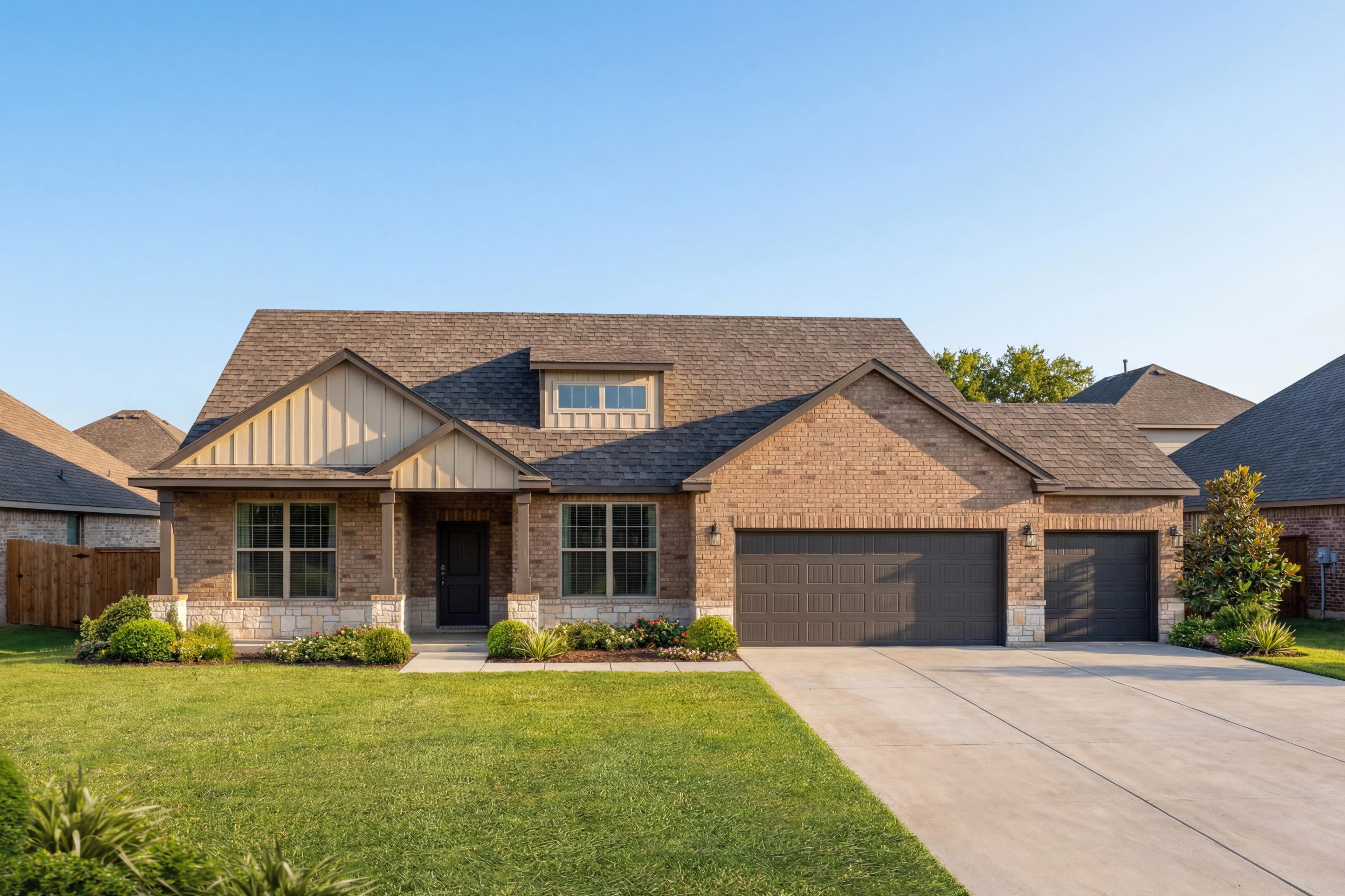 Two-story Harrison C home exterior in Josephine TX by Davidson Homes, brick siding accents, gabled roof, three-car garage, lush lawn