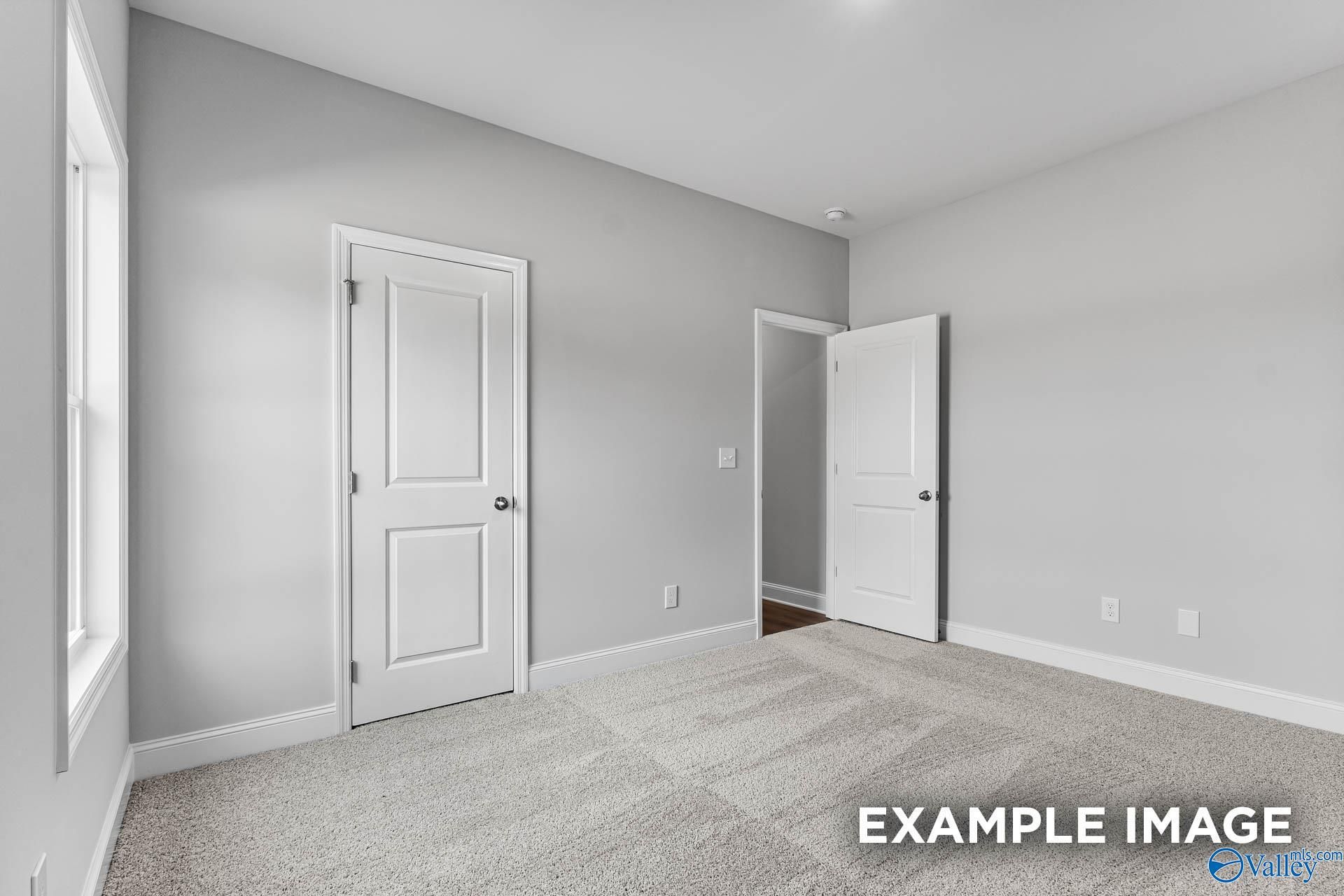 Cozy bedroom with gray walls, plush carpet, double doors, and window in Davidson Homes The Daphne C, Arab, Alabama