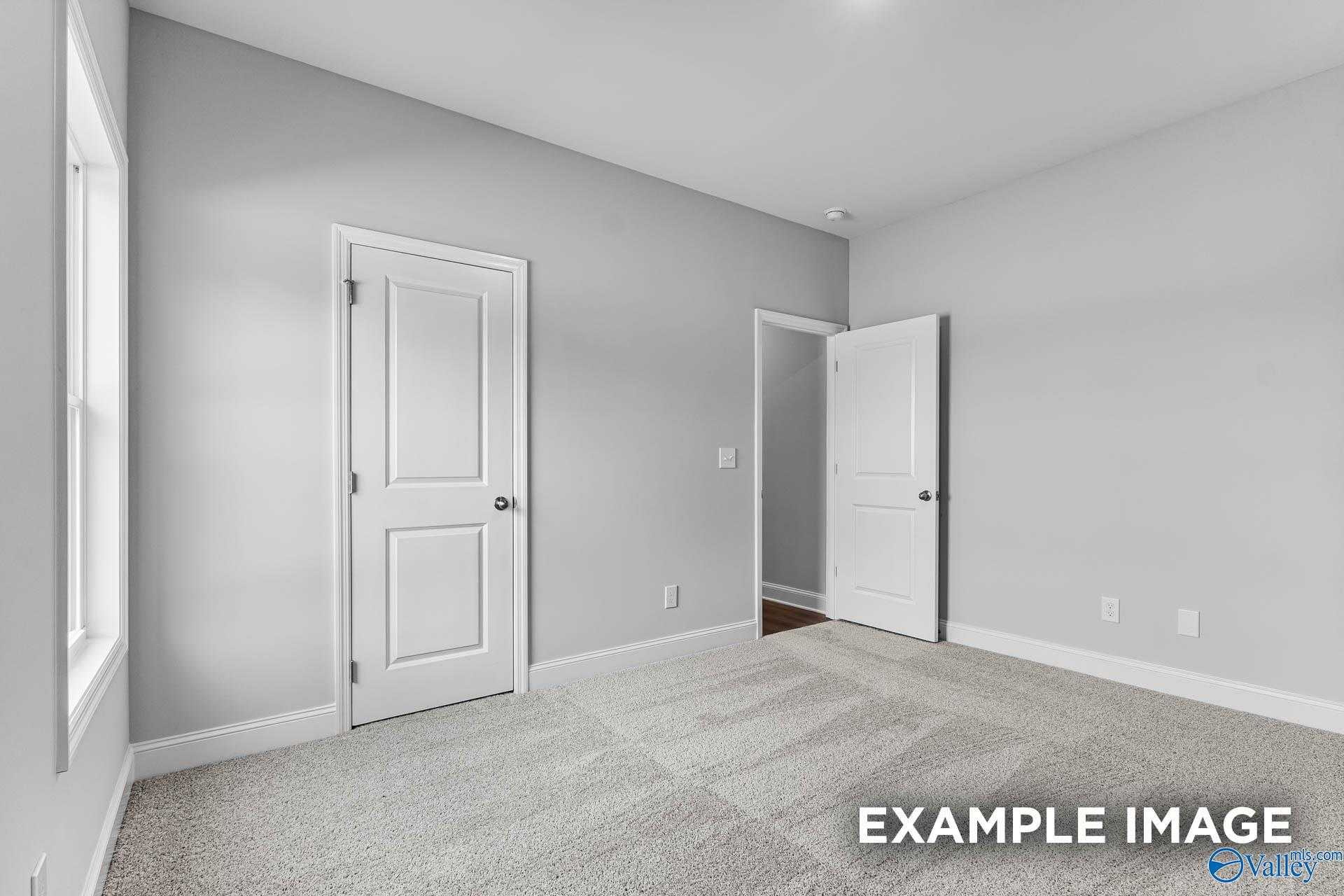 Cozy bedroom with gray walls, plush carpet, double doors, and window in Davidson Homes The Daphne C, Arab, Alabama
