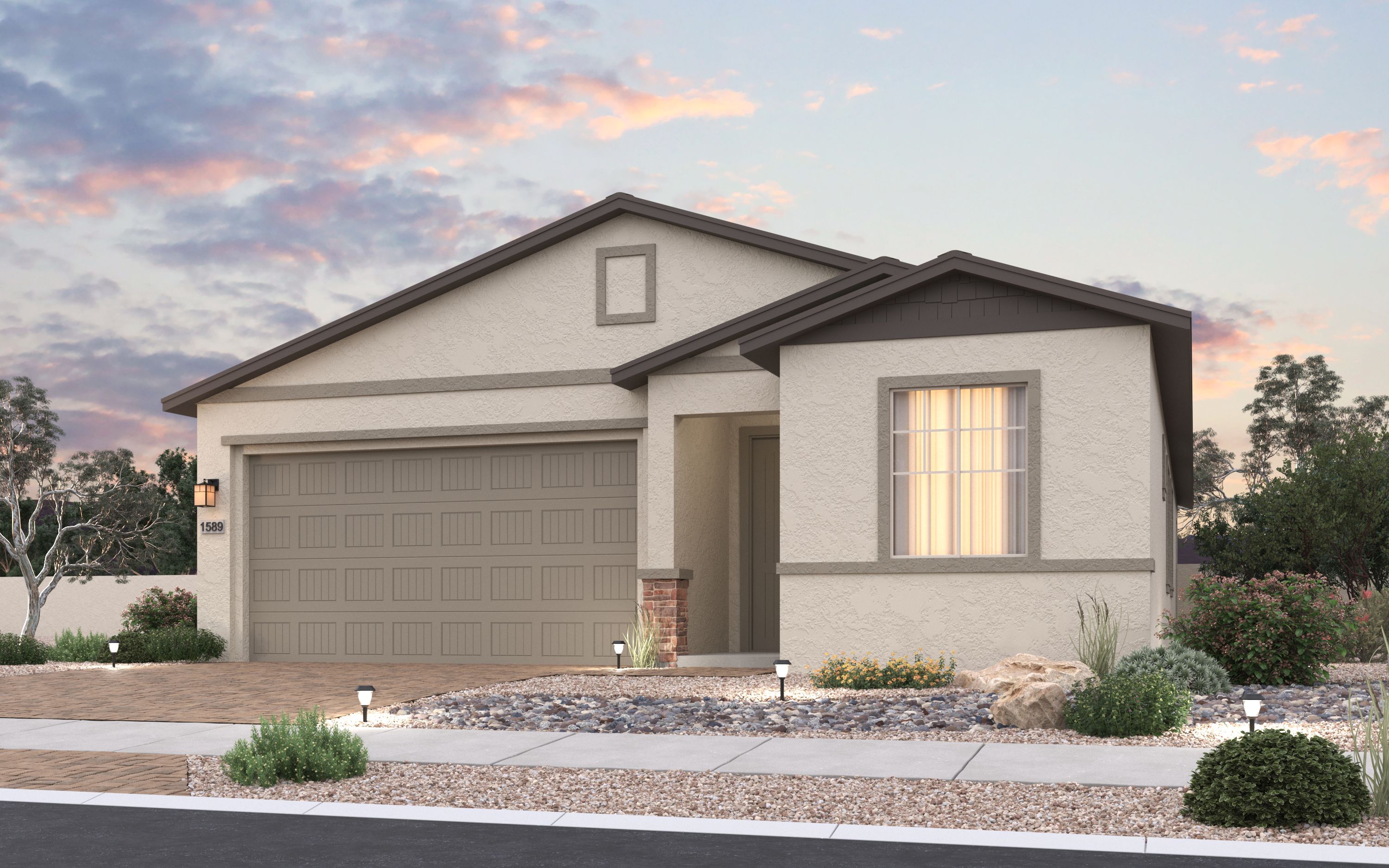 Modern single-story elevation of The Frontier showcasing beige stucco, brown accents, 3-car garage, and desert landscaping in Prescott Valley