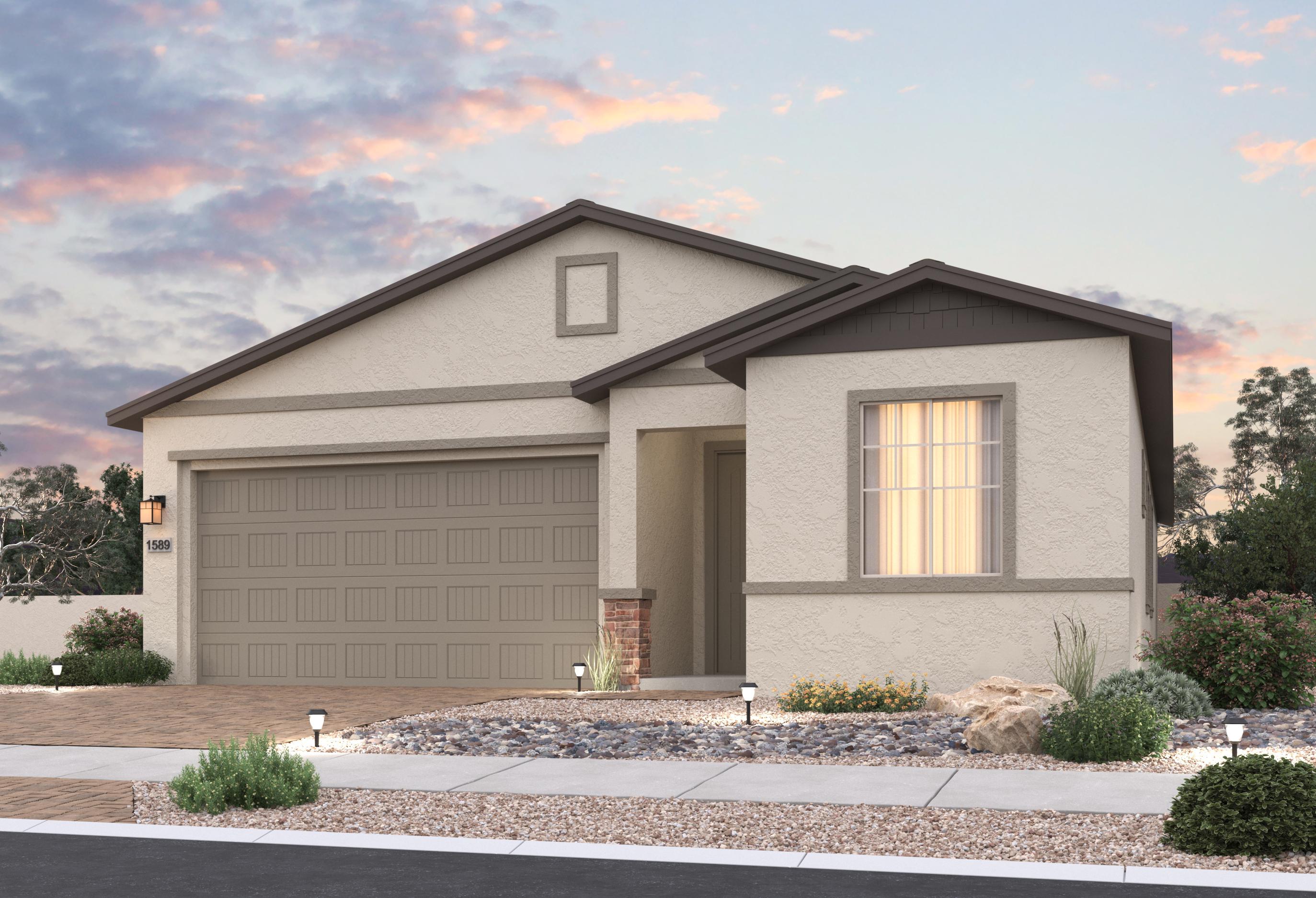 Modern single-story elevation of The Frontier showcasing beige stucco, brown accents, 3-car garage, and desert landscaping in Prescott Valley