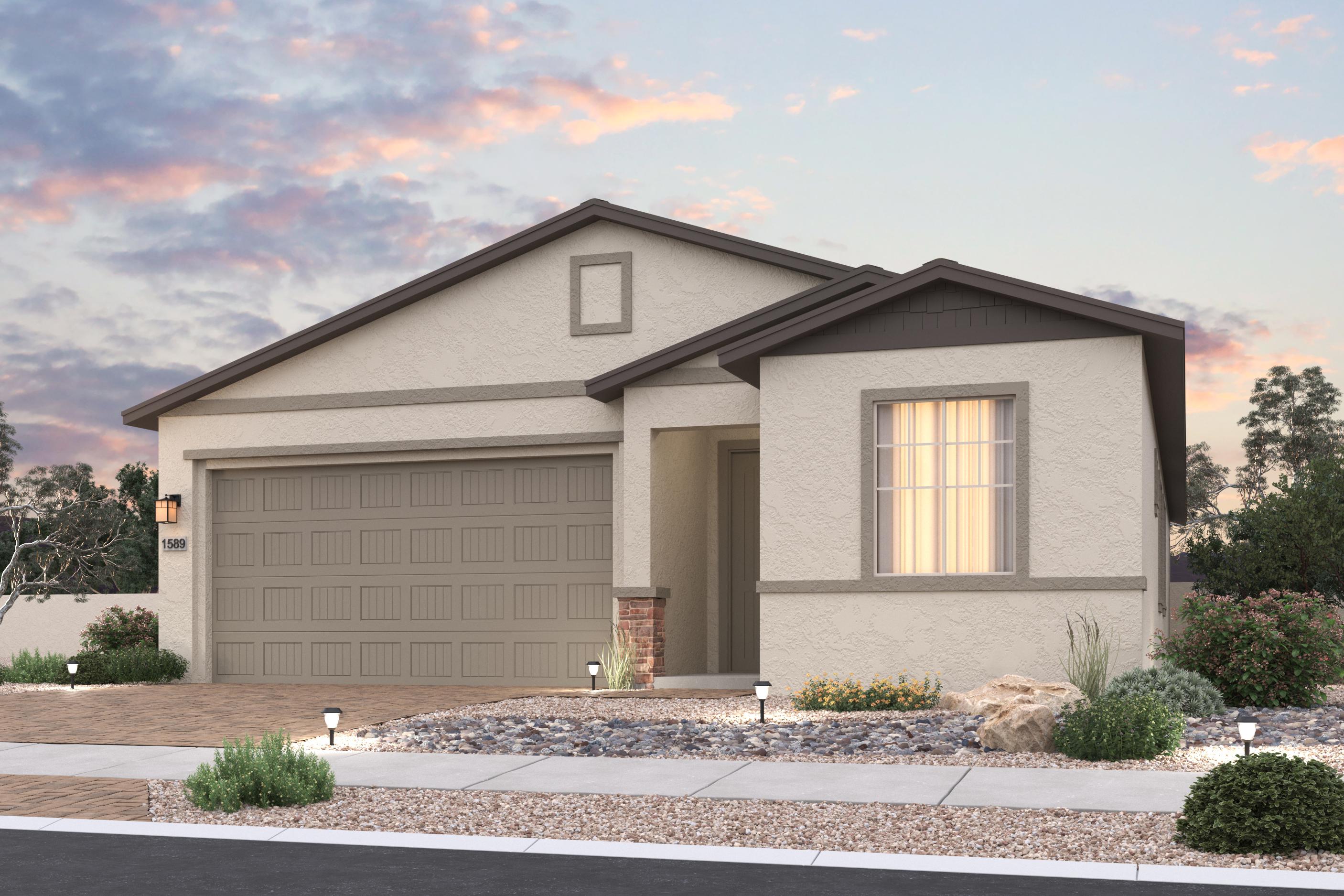 Modern single-story elevation of The Frontier showcasing beige stucco, brown accents, 3-car garage, and desert landscaping in Prescott Valley