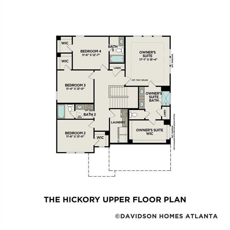 The Hickory B upper floor plan: owner's suite with bath, 4 bedrooms, 2 baths, laundry in 5-bed Davidson Homes, Cedar Farms Winder GA