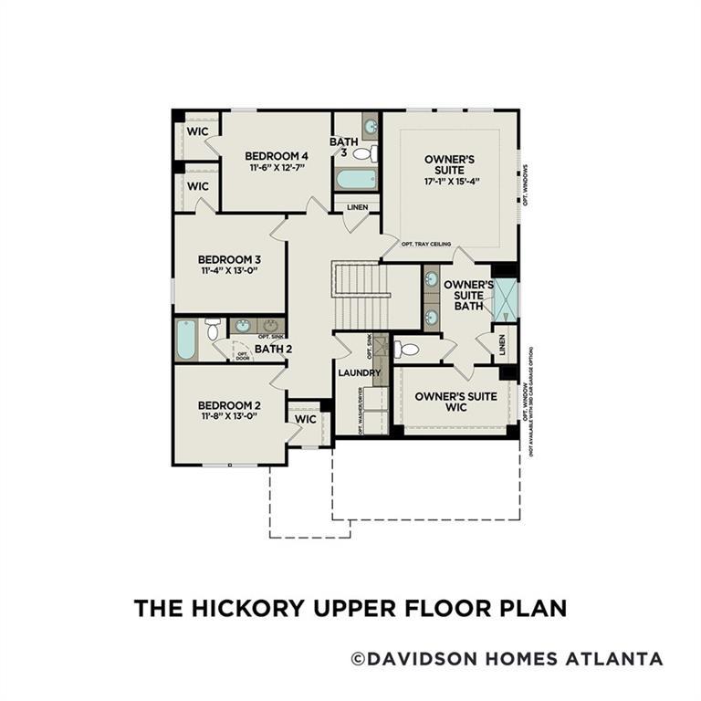 Upper floor plan of The Hickory A with owner's suite, 3 bedrooms, baths, and laundry in 5-bedroom Davidson Homes, Cedar Farms, Winder, Georgia